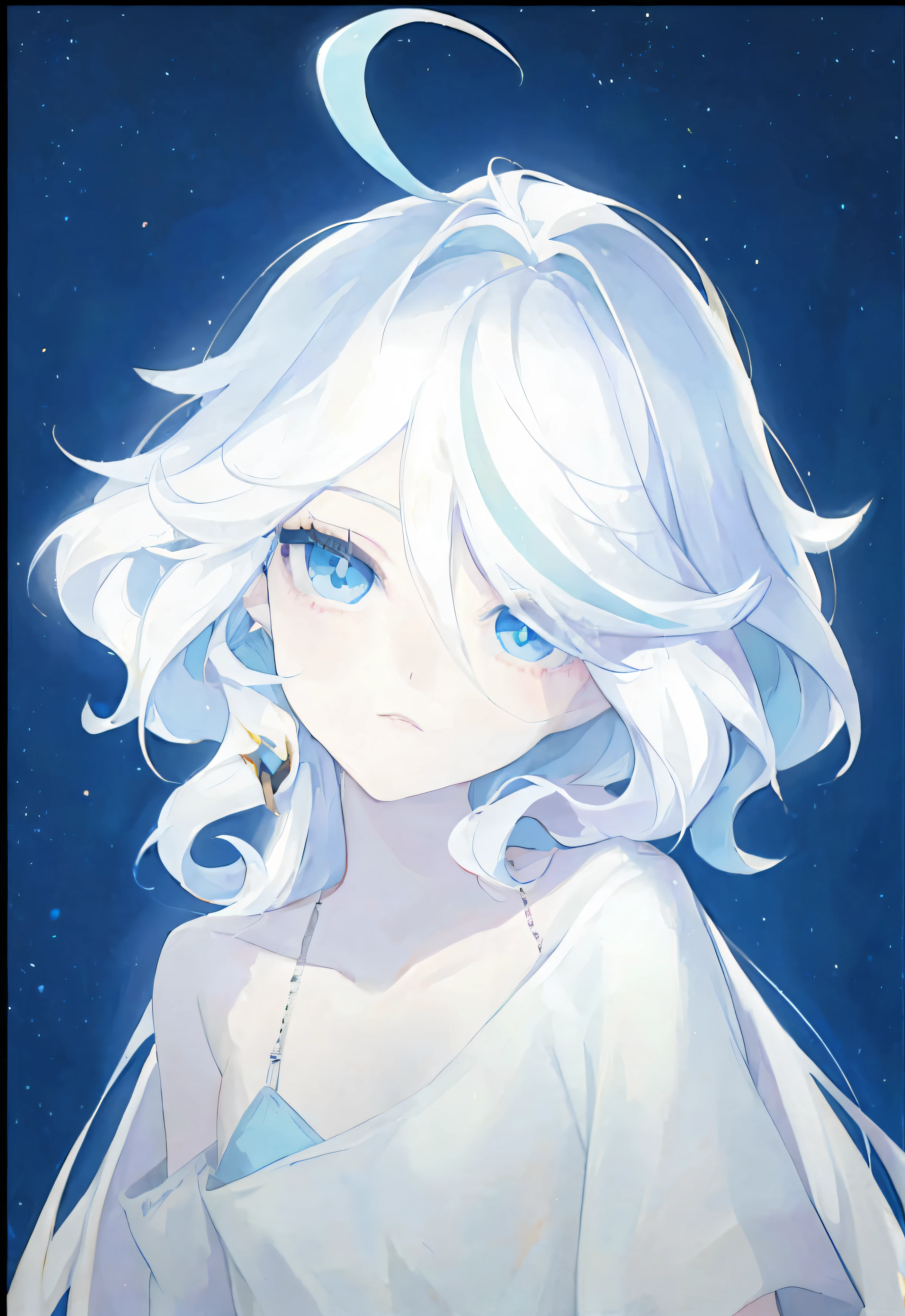 anime girl with white hair and blue eyes in a white dress, Girl with white hair, anime girl with cosmic hair, Perfect white haired girl, white-haired god, Portrait Chevaliers du Zodiaque Fille, white haired Cangcang, beautiful anime art style, High Quality Anime Art Style, white haired lady, one girl has white hair, Beautiful anime style, an anime portrait of cirno --auto