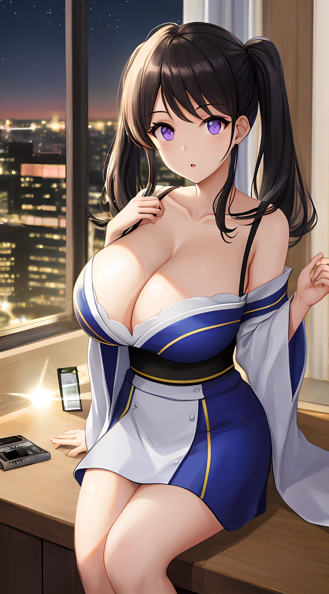 natta:1.7), jpn, toyko, CityView, In front of the window, Stand under the gaze, (White_kimono:1.3),Cleavage, black_hair,long_hair,hair_pulled_back,parted_lips,purple_eyes,pigtails, 1个Giant Breast Girl,24 years of age,a mature female,Beautiful Finger,Beautiful long legs,beaturiful body,beautiful nose,Beautiful character design,perfect eyes,s the perfect face, looking at viewert,in the center of Image, NSFW,offcial art,the Extremely Detailed CG Unity 8K Wallpapers,Perfect lighting,extremely colorful,Bright_Front_face_Lighting, (tmasterpiece:1.0),(best_quality:1.0), 超A high resolution,4K,hyper-detailing, photography of, 8K, HDR, A high resolution, hoang lap:1.2, Kodak Portra 400, filmgrain, The background is blurred out, bokeh:1.2, Lens glare, (vibrant_color:1.2) (big breasts beautiful,large_Breasts:1.4), (beautiful_face:1.5),(narrow_waist),