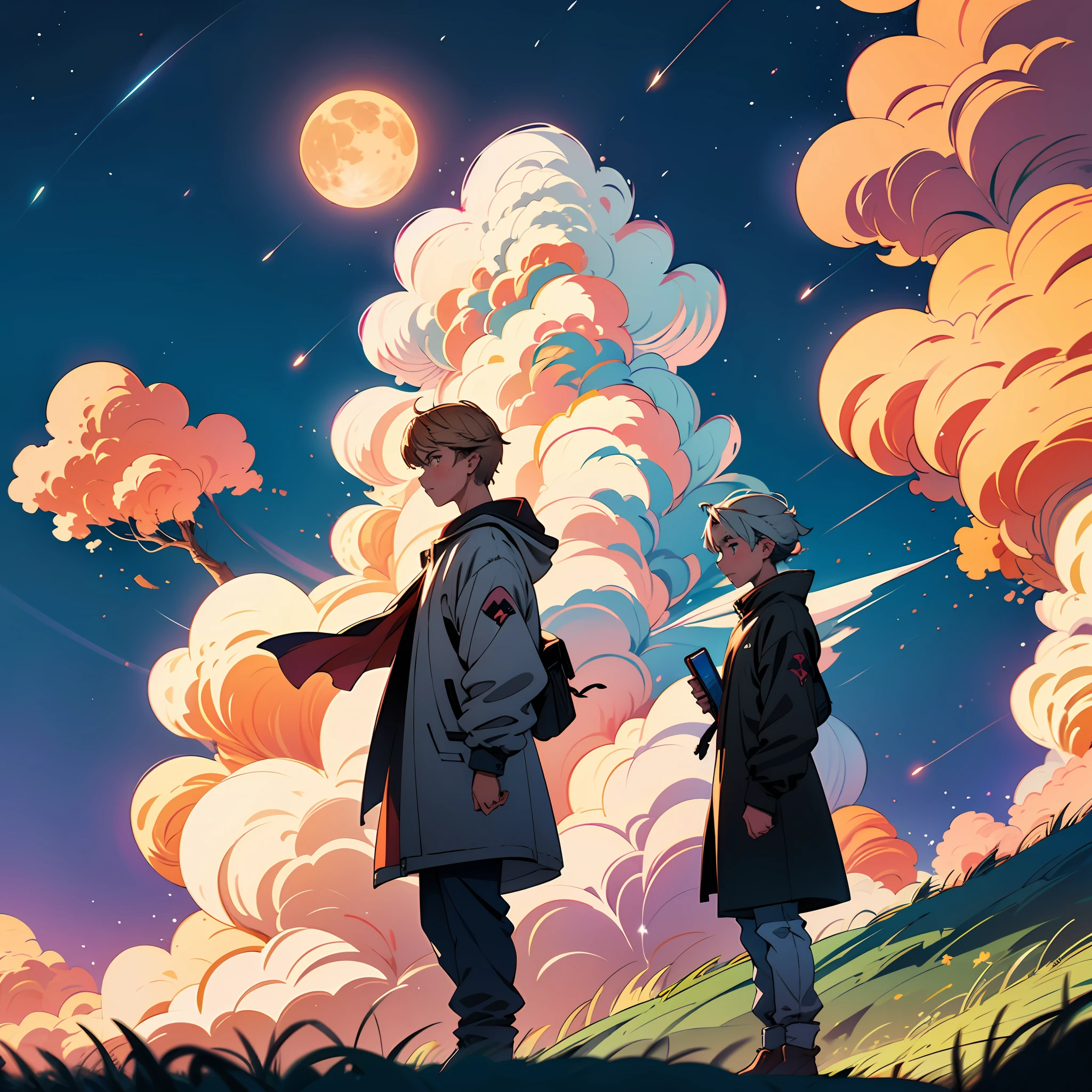 night, stars, moon, clouds, warm, healing, cute, young boys, anime, exquisite and immaculate, superb perfect, ray tracing, highest quality, atmosphere --auto
