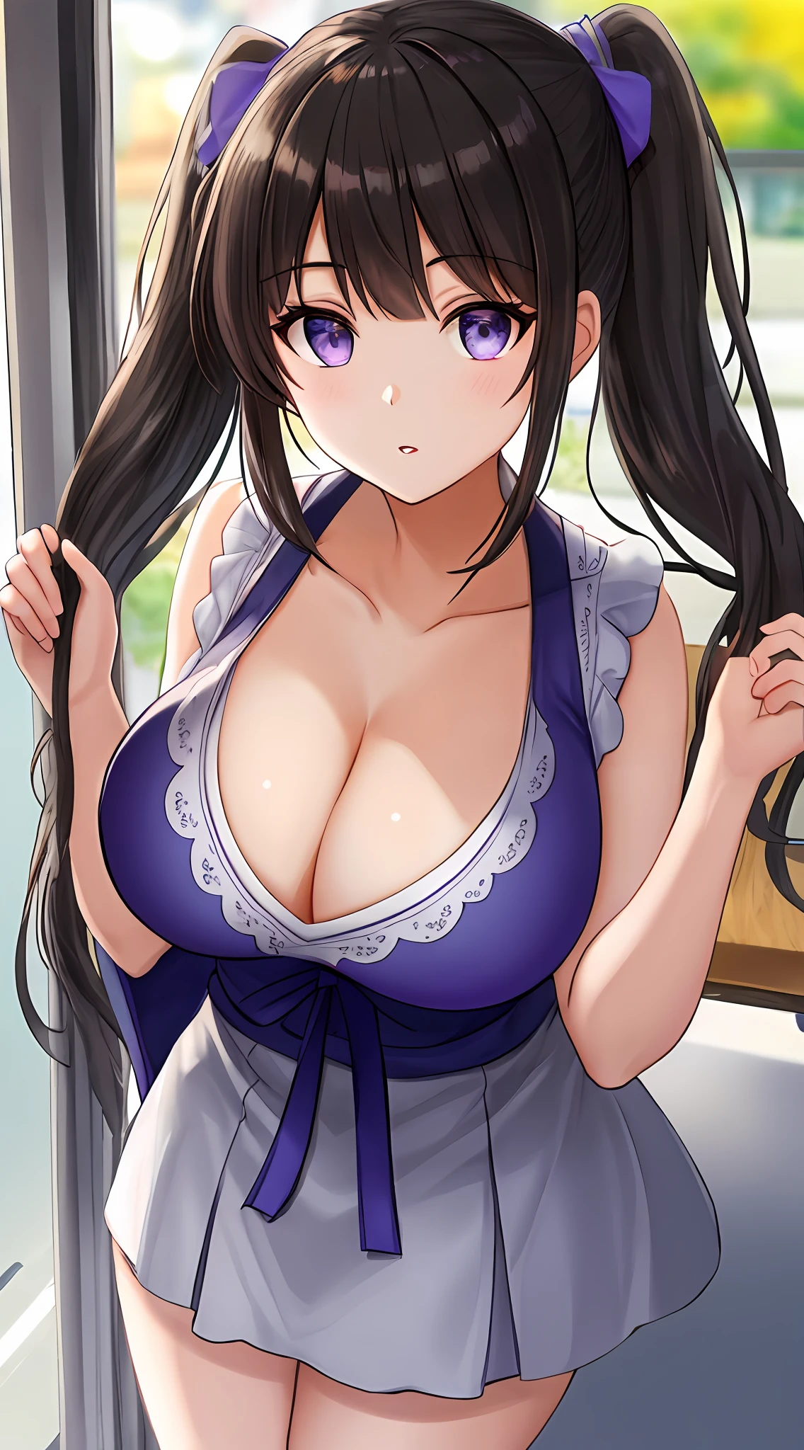 natta:1.7), jpn, toyko, CityView, In front of the window, Stand under the gaze, (White_kimono:1.3),Cleavage, black_hair,long_hair,hair_pulled_back,parted_lips,purple_eyes,pigtails, 1个Giant Breast Girl,24 years of age,a mature female,Beautiful Finger,Beautiful long legs,beaturiful body,beautiful nose,Beautiful character design,perfect eyes,s the perfect face, looking at viewert,in the center of Image, NSFW,offcial art,the Extremely Detailed CG Unity 8K Wallpapers,Perfect lighting,extremely colorful,Bright_Front_face_Lighting, (tmasterpiece:1.0),(best_quality:1.0), 超A high resolution,4K,hyper-detailing, photography of, 8K, HDR, A high resolution, hoang lap:1.2, Kodak Portra 400, filmgrain, The background is blurred out, bokeh:1.2, Lens glare, (vibrant_color:1.2) (big breasts beautiful,large_Breasts:1.4), (beautiful_face:1.5),(narrow_waist),