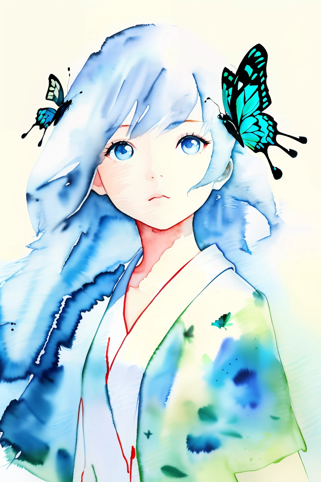 (double exposure)、1little girl、10years old、bathrobe、White background、(独奏)、(ink and watercolor painting)、reddish、dripped out、((butterflys))、masterpiece、top-quality