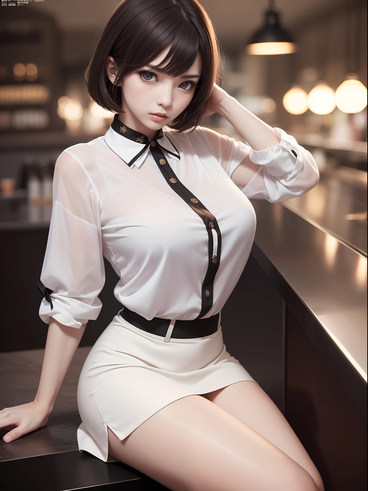 masuter piece, best qualtiy, (((realisitic, Photorealsitic:1.37))), ((Solo)), 8K image quality, Extremely delicate and beautiful, splendid, Official art with attention to detail, Ridiculous, Unbelievably ridiculous, huge filesize, ultra-detailliert, ighly detailed, (Beautuful Women), (detailed woman), extremely detailed eye and face, Beautiful detailed eyes, Light makeup,, (slender body), (Korean beauty), ((fullllbody)), (short-hair), With bangs, (((White blouse with black tight skirt))), (Light anger) , ((cold stare)), ((Kamimei)), Dim bar counter,