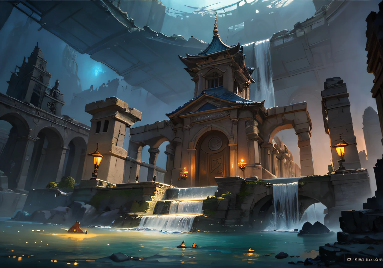 Close-up of the painting of waterfall and bridge, Aquatic monastery, Submerged temple scene, detailed matte fantasy painting, Undersea Temple, Environmental concept art, Water Temple, Environment and concept art, fantasy environment, lost city of atlantis, Environmental painting, ornate borders + Concept art, Environmental concept art, lost city of atlantis, Fantasy Concept Painting, Ruins