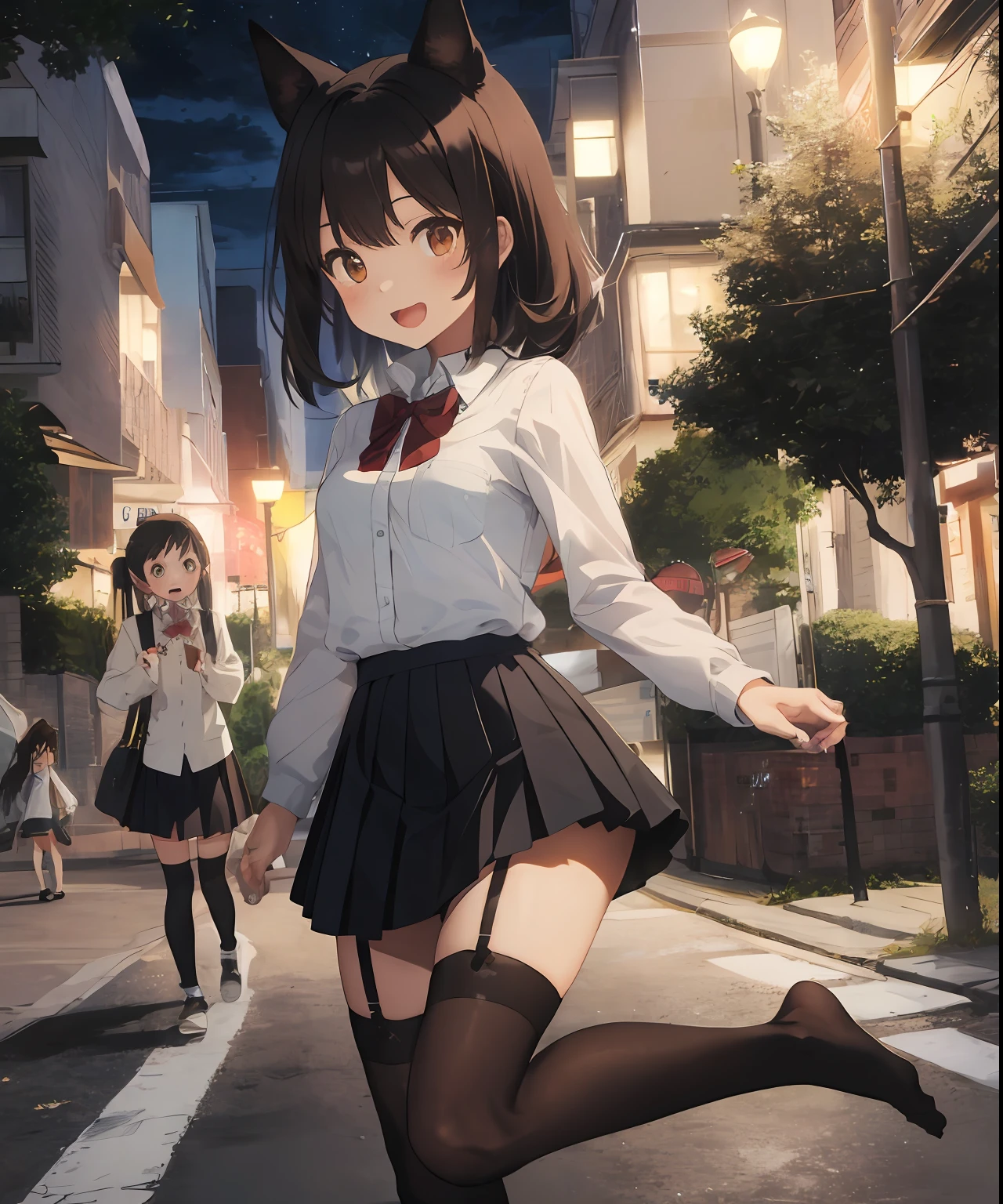 masterpiece, best quality, ultra-detailed, illustration, an extremely delicate and beautiful, cute, girl, energetic, active, Two girls, BDSM, one girl standing, one girl on knees, girl on knees collared+, girl wearing collar+, girl dominating other girl+, domination, dog girl, dog ears, tail, medium length hair, dark brown hair, brown eyes, cute+, petite body, perfect body, thigh high socks, up skirt, unbuttoned shirt++, sheer bra, nipple, small breasts, highly detailed, two legs, two arms, four fingers, 1 thumb, anatomically correct hands, perfect hands, anatomically correct feet, perfect feet, open mouth, anime eyes, anime face, cute anime face, small feet+, cute feet+, perfect feet, underwear showing+, thighhighs, bowtie, pleated skirt, park beach, outside, park, night, street light spot, trees
