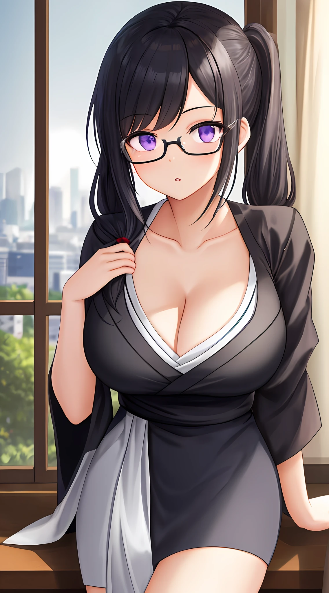 natta:1.7), jpn, toyko, CityView, In front of the window, Stand under the gaze, (White_kimono:1.3),Cleavage, black_hair,long_hair,hair_pulled_back,parted_lips,purple_eyes,pigtails, 1个Giant Breast Girl,24 years of age,a mature female,Beautiful Finger,Beautiful long legs,beaturiful body,beautiful nose,Beautiful character design,perfect eyes,s the perfect face, looking at viewert,in the center of Image, NSFW,offcial art,the Extremely Detailed CG Unity 8K Wallpapers,Perfect lighting,extremely colorful,Bright_Front_face_Lighting, (tmasterpiece:1.0),(best_quality:1.0), 超A high resolution,4K,hyper-detailing, photography of, 8K, HDR, A high resolution, hoang lap:1.2, Kodak Portra 400, filmgrain, The background is blurred out, bokeh:1.2, Lens glare, (vibrant_color:1.2) (big breasts beautiful,large_Breasts:1.4), (beautiful_face:1.5),(narrow_waist),