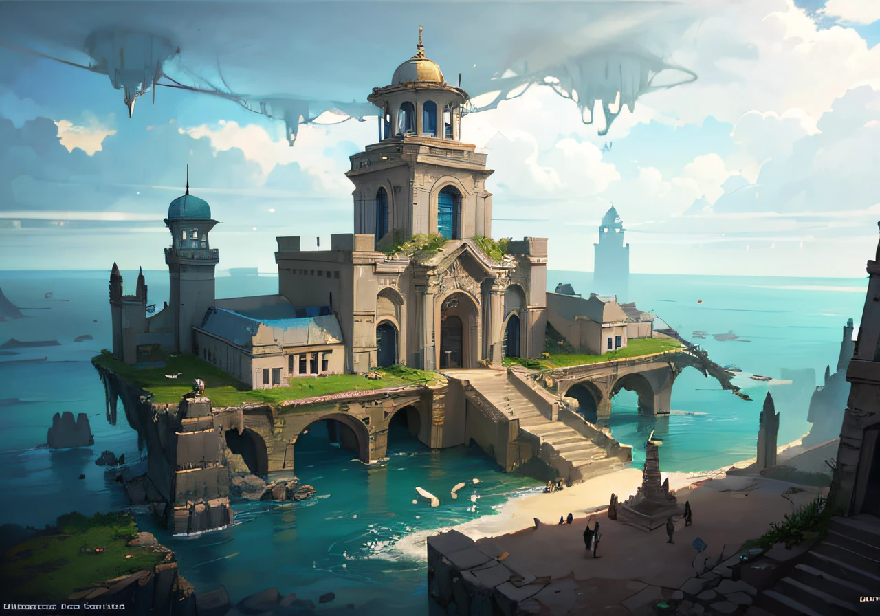 Close-up of the painting of waterfall and bridge, Aquatic monastery, Submerged temple scene, detailed matte fantasy painting, Undersea Temple, Environmental concept art, Water Temple, Environment and concept art, fantasy environment, lost city of atlantis, Environmental painting, ornate borders + Concept art, Environmental concept art, lost city of atlantis, Fantasy Concept Painting, Ruins