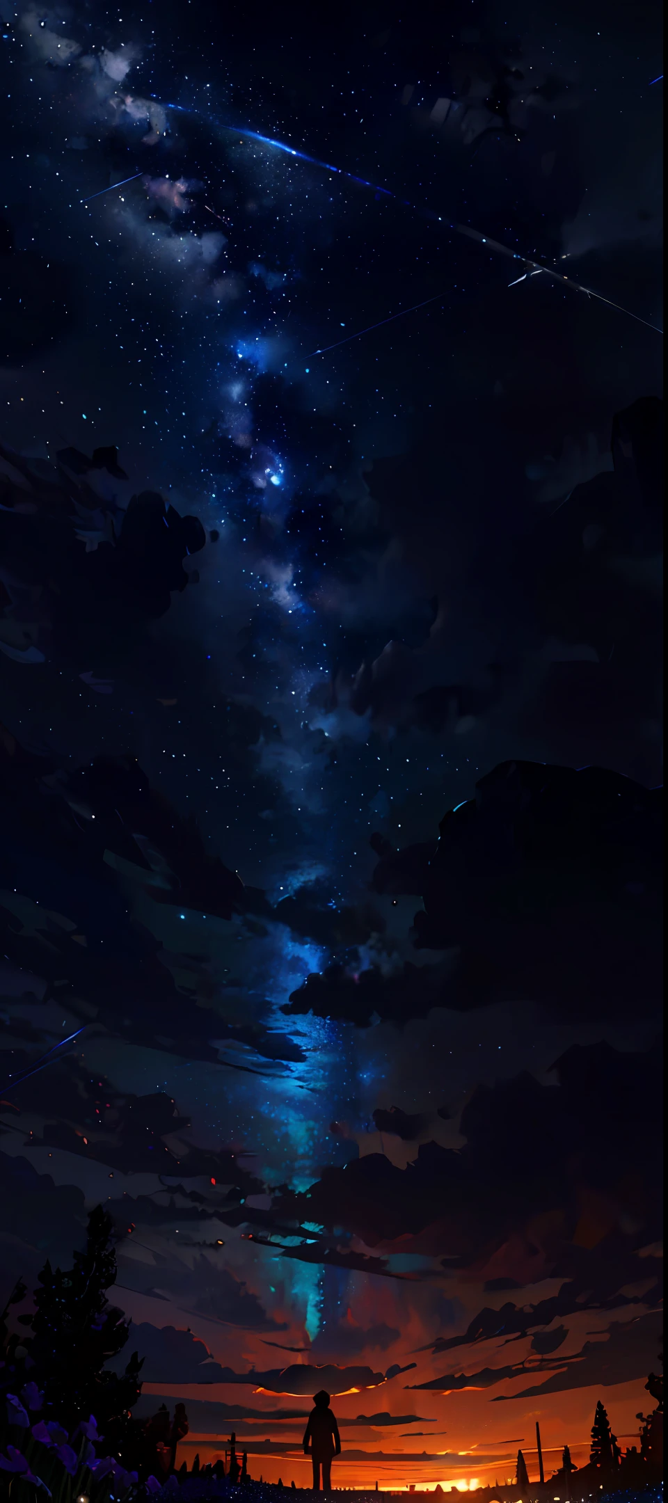 Expansive landscape photograph, (view from below with a view of the sky and wilderness below), little girl standing in a flower field looking up, (full moon: 1.2), (shooting star: 0.9), (nebula: 1.3), distant mountain, tree break production art, (warm light source: 1.2), (firefly: 1.2), lamp, purple and orange, intricate detail, volume lighting, realism break (masterpiece: 1.2) (Best Quality), 4K, Ultra-Detailed, (Dynamic Configuration: 1.4), Highly Detailed and Colorful Details, (Iridescent Colors: 1.2), (Glowing Lighting, Atmospheric Lighting), Dreamy, Magical, (Solo: 1.2)