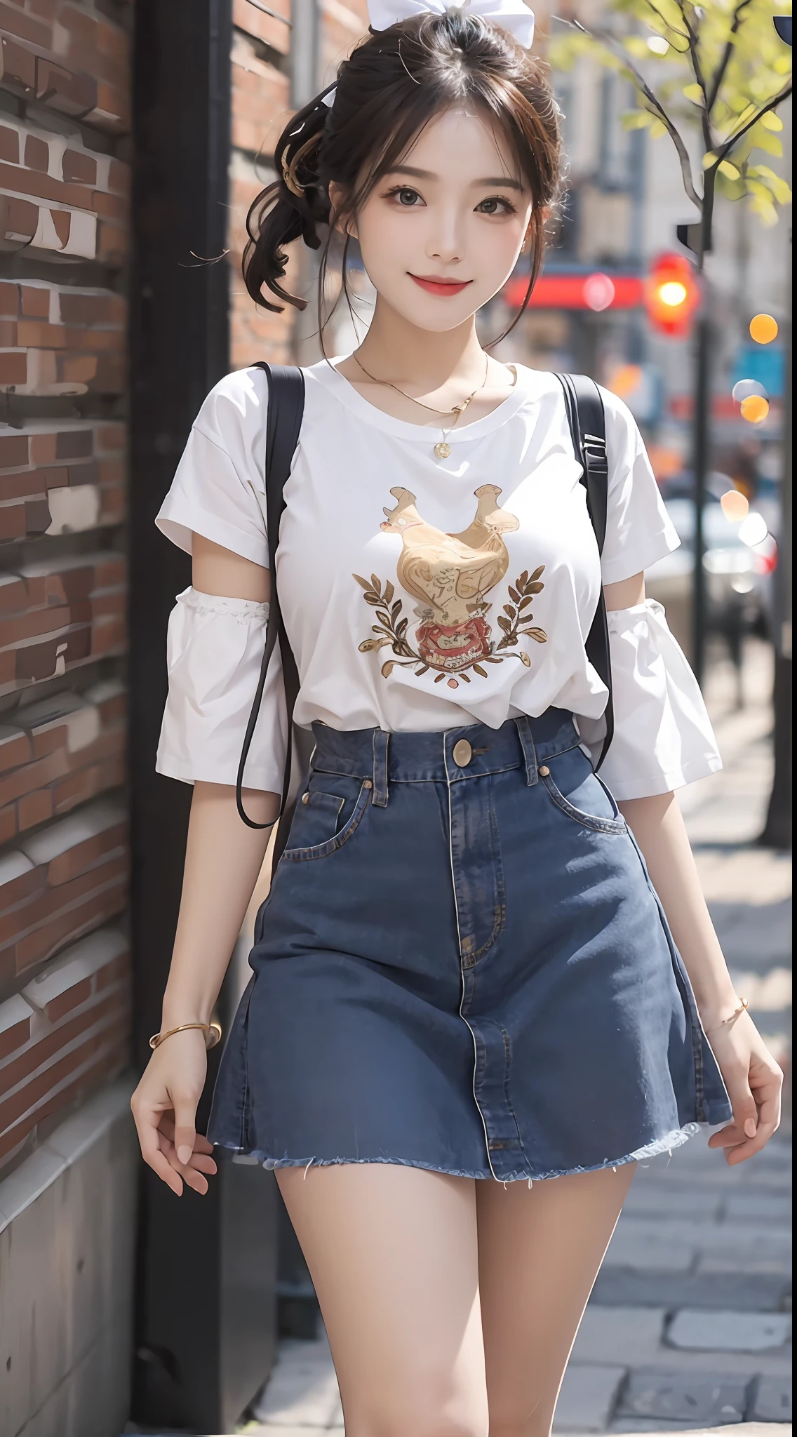 (RAW photogr:1.2), (Photorealistic:1.4), 1girll, 18 years old,adolable,a face,The most beautiful girl,Goose egg face,Oval face,Fleshy on the face,Good facial features,Sweet smiling,The smile and the eyes are charming and attractive,Beautiful Meticulous Girl, very detailed eyes and faces, Beautiful detailed eyes, ultra - detailed, A high resolution, The is very detailed,best qualtiy,tmasterpiece,illustratio,The is very detailed,CG,unified,8k wallpaper,finely detailled,tmasterpiece,best qualtiy, Wallpapers,light in face,Movie lighting,nipple tops:White short-sleeved embroidered lace T-shirt,Breathable and lightweight,Add feminine femininity。
Manteau:Light yellow wide-leg cropped blazer,Finished with front buttons,Show youthful vitality。
skirt suit:Dark blue denim A-line skirt,Moderate length,Finished with a pleated design,Showcases vintage charm。
shoe:White flat canvas shoes,Comfortable and versatile,Add a sense of leisure。
Accessories:Brown woven vintage tote,Wear it with a red bow headband,Overall fresh and vintage。,(No leakage),with a well-proportioned body,(looking to the camera),Black ponytail,hair flowing,Slightly fat 0.8,perfect body figure,Standing position,Medium view,The background is a beautiful view of random different scenes。