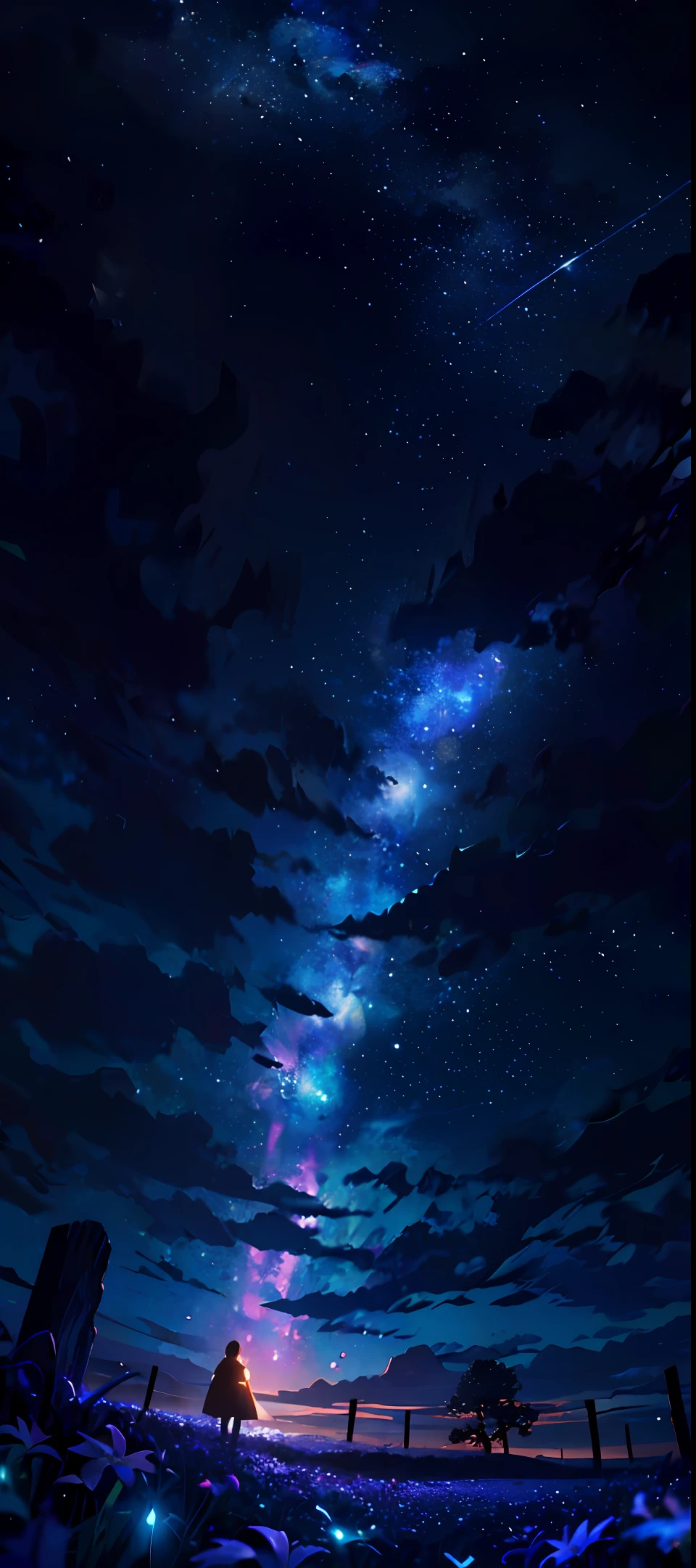 Expansive landscape photograph, (view from below with a view of the sky and wilderness below), little girl standing in a flower field looking up, (full moon: 1.2), (shooting star: 0.9), (nebula: 1.3), distant mountain, tree break production art, (warm light source: 1.2), (firefly: 1.2), lamp, purple and orange, intricate detail, volume lighting, realism break (masterpiece: 1.2) (Best Quality), 4K, Ultra-Detailed, (Dynamic Configuration: 1.4), Highly Detailed and Colorful Details, (Iridescent Colors: 1.2), (Glowing Lighting, Atmospheric Lighting), Dreamy, Magical, (Solo: 1.2)