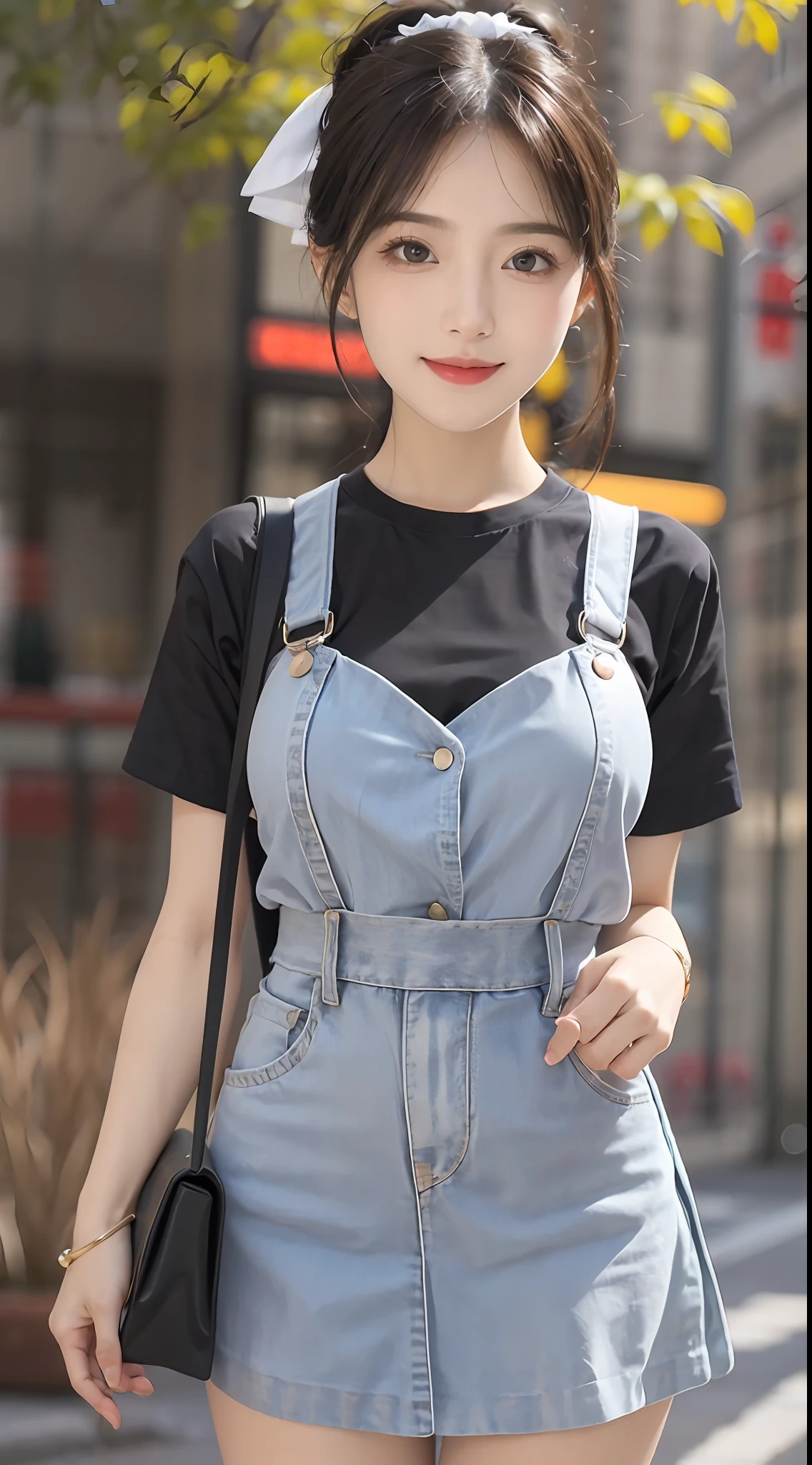 (RAW photogr:1.2), (Photorealistic:1.4), 1girll, 18 years old,adolable,a baby face,The most beautiful girl,Goose egg face,Oval face,Fleshy on the face,Good facial features,Sweet smiling,The smile and the eyes are charming and attractive,Beautiful Meticulous Girl, very detailed eyes and faces, Beautiful detailed eyes, ultra - detailed, A high resolution, The is very detailed,best qualtiy,tmasterpiece,illustratio,The is very detailed,CG,unified,8K wallpapers,finely detailled,tmasterpiece,best qualtiy, Wallpapers,light in face,Movie lighting,nipple tops:White short-sleeved embroidered lace T-shirt,Breathable and lightweight,Add feminine femininity。
Manteau:Light yellow wide-leg cropped blazer,Finished with front buttons,Show youthful vitality。
skirt suit:Dark blue denim A-line skirt,Moderate length,Finished with a pleated design,Showcases vintage charm。
shoe:White flat canvas shoes,Comfortable and versatile,Add a sense of leisure。
Accessories:Brown woven vintage tote,Wear it with a red bow headband,Overall fresh and vintage。,(No leakage),(with a well-proportioned body),(looking to the camera),Black ponytail,hair flowing,Slightly fat 0.8,perfect body figure,Standing position,Medium view,The background is a beautiful view of random different scenes。