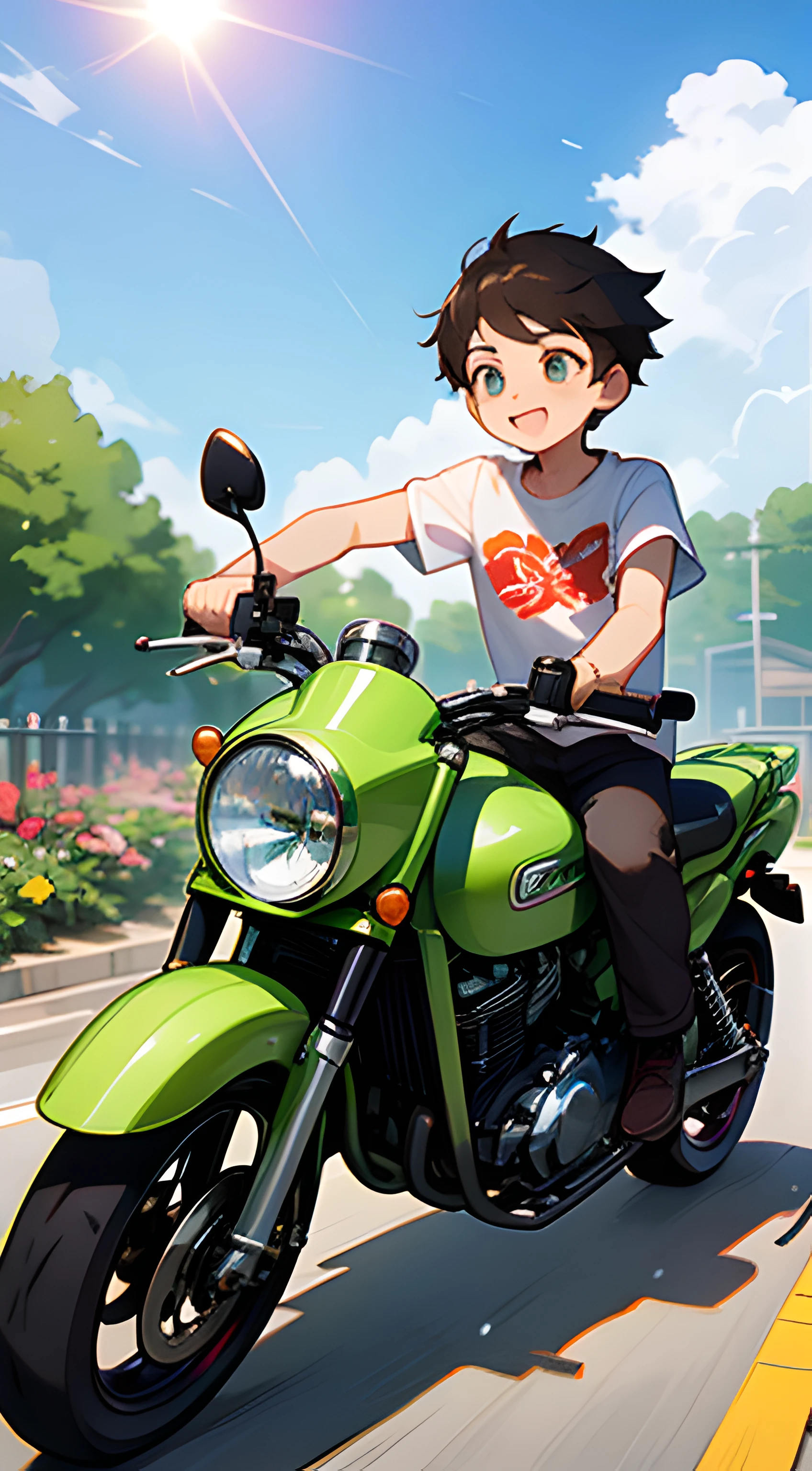 (high high quality)Motorcyclical(younge boy)Show on the(On wide meadows)swim，Wear a summer T-shirt，The direction of the ride is greeting(Brilliant sunshine)，Behind him is(Vibrant garden)。