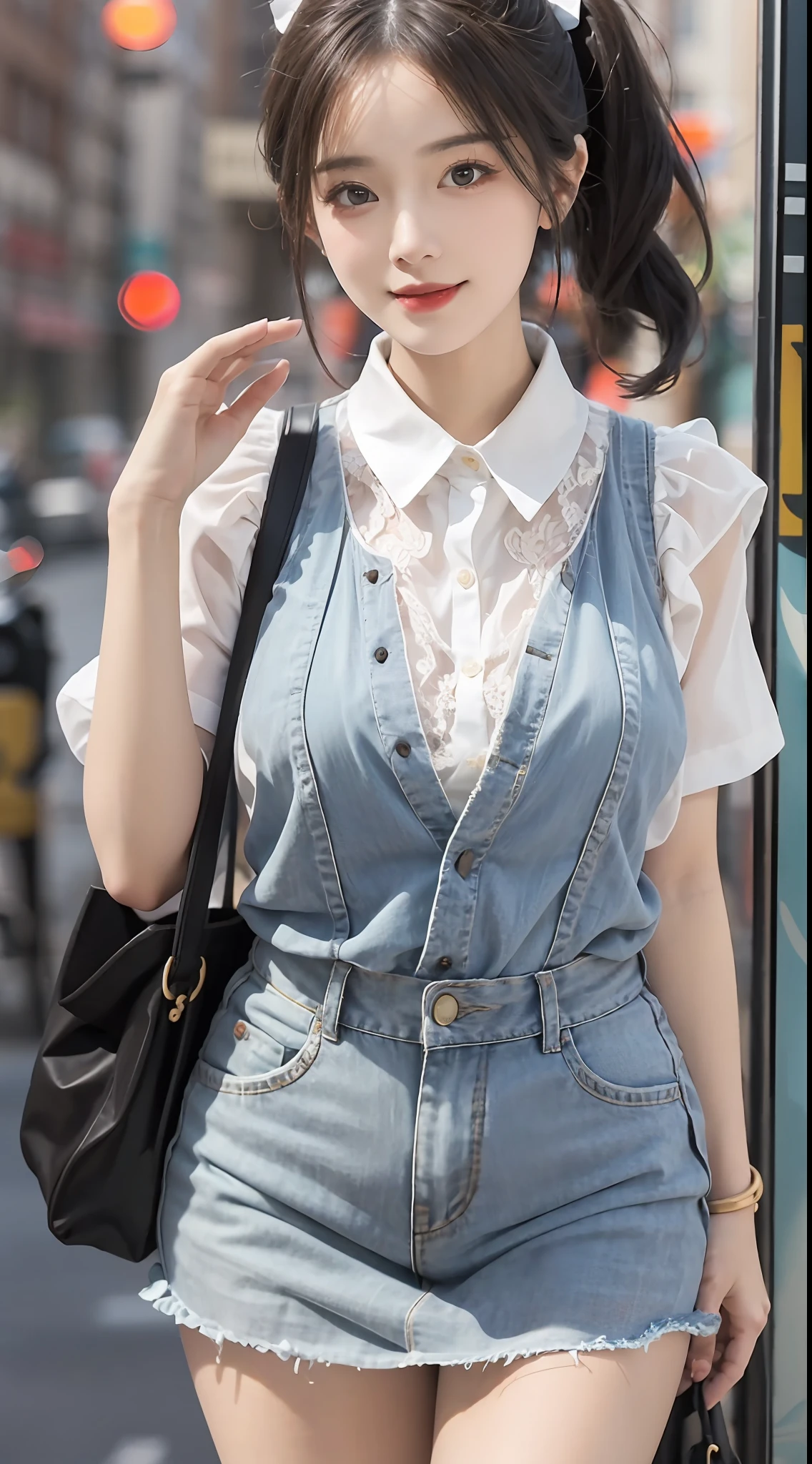 (RAW photogr:1.2), (Photorealistic:1.4), 1girll, 18 years old,adolable，a baby face，The most beautiful girl,Goose egg face，Oval face，Fleshy on the face，Good facial features，Sweet smiling，The smile and the eyes are charming and attractive，Beautiful Meticulous Girl, very detailed eyes and faces, Beautiful detailed eyes, ultra - detailed, A high resolution, The is very detailed，best qualtiy，tmasterpiece，illustratio，The is very detailed，CG，unified，8K wallpapers，finely detailled，tmasterpiece，best qualtiy， Wallpapers，light in face，Movie lighting，nipple tops：White short-sleeved embroidered lace T-shirt，Breathable and lightweight，Add feminine femininity。
Manteau：Light yellow wide-leg cropped blazer，Finished with front buttons，Show youthful vitality。
skirt suit：Dark blue denim A-line skirt，Moderate length，Finished with a pleated design，Showcases vintage charm。
shoe：White flat canvas shoes，Comfortable and versatile，Add a sense of leisure。
Accessories：Brown woven vintage tote，Wear it with a red bow headband，Overall fresh and vintage。，（No leakage），（with a well-proportioned body），（looking to the camera）,Black ponytail，hair flowing，Slightly fat 0.8，perfect body figure，Standing position，Medium view，The background is a beautiful view of random different scenes。