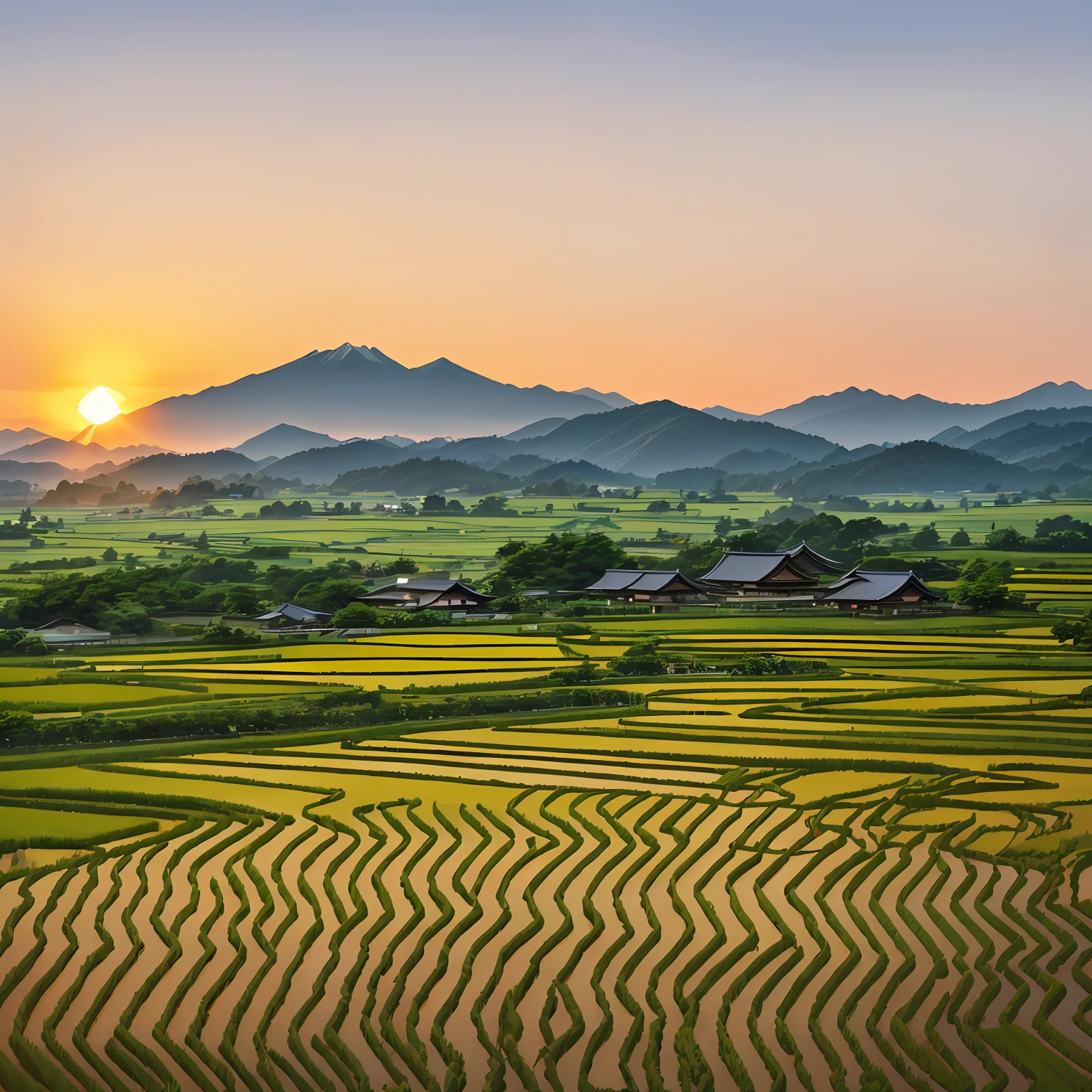 In the distance are rice paddies,Auspicious clouds,Farmhouse nearby,The background should have the words Chahayang Farm。 --auto