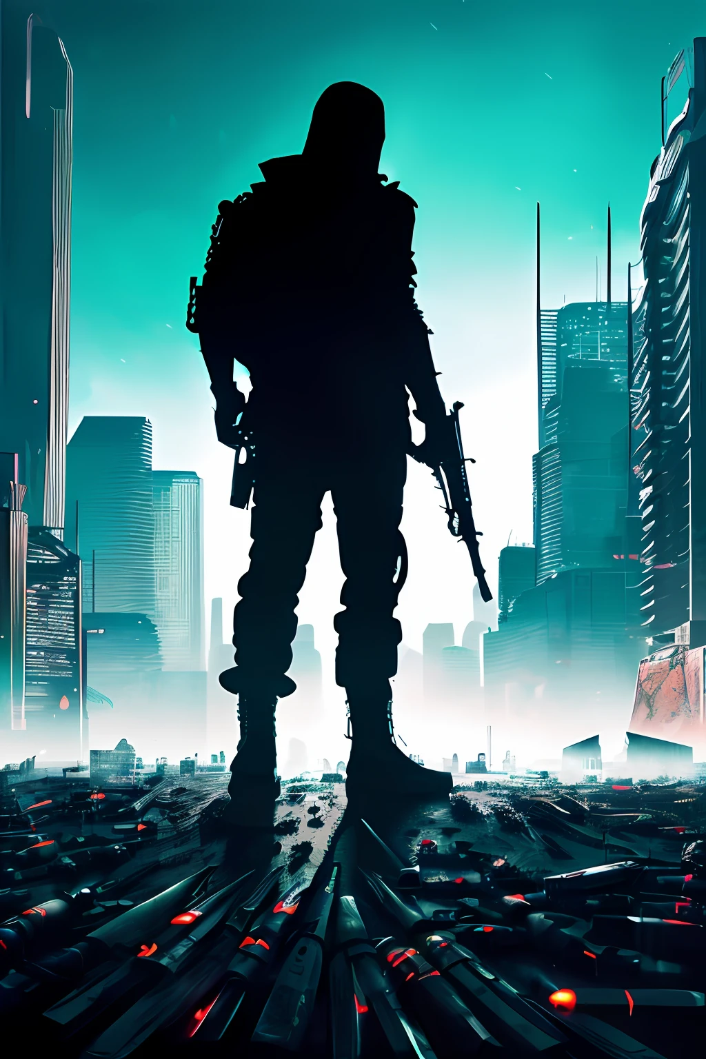 The background is cyberpunk，A person stands in the middle，Long knife in hand，Fight with the black shadow