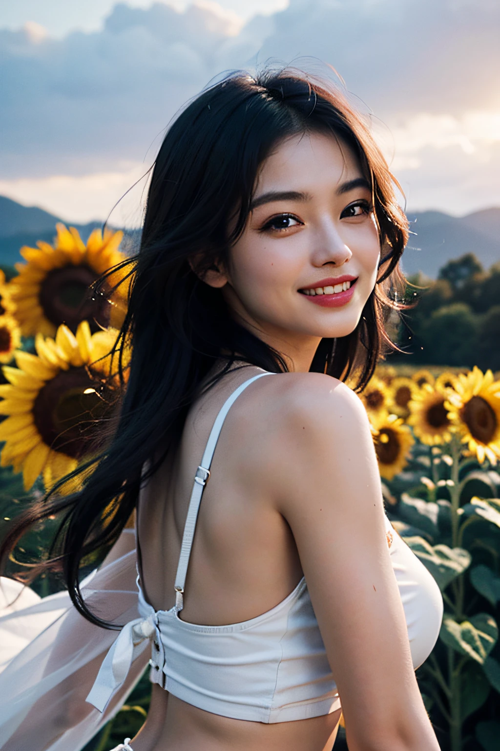 (in 8K、 Raw photography、top-quality,、hight resolution),、(hyper realisitic)、(realisitic),、Soft light、、girl with、Lifelike face、Realistic body、real looking skin、absurderes、masterpiece、Cuties、独奏、Innocent eyes、blusher、Cinema Lights、cherry colored lips、The hair 、a closeup、looking at viewert、 Open lips,、Upper teeth,、(Smiling eyes:0.6)、eyes focus、professionally lit、CG Social Trends、Plastic En、((Black Long Hair))、((Beautuful Women))、(A smile)、Fashionable、((A sexy))、Hair that flutters in the wind、((Flowing hair))、Happy -、fashion magazine、((lighting like a movie))、((Sun flower))、sunflowers fields、