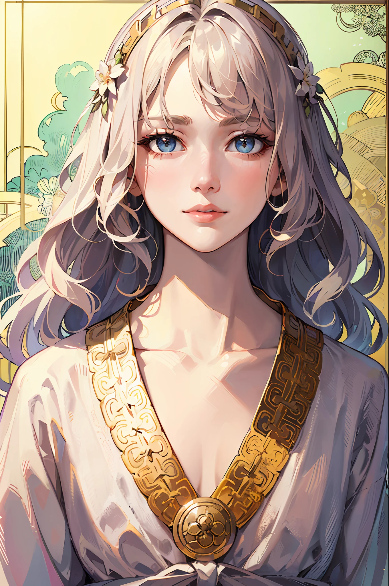 Portrait of the face of a European woman , long curly hair, collarbone, white, floral frame, decorative panel, abstract, waist, hanfu,
Realism, art, Alphonse Mucha
(Masterpiece, Best Quality, High Resolution: 1.4), Detail, Intricate Detail, 4K, Color Splash, Line Art, Fibonacci,