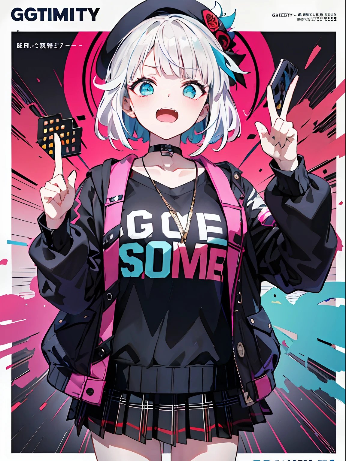 (((Dramatic)))、(((gritty)))、(((vehement))))The poster of the film appears as a central character。She is shy in the center of the poster、Wearing an idol costume、Has a determined look。The background is dark and rough、I feel like I'm drunk。Text is bold and eye-catching、Catchy slogans add to the overall drama and excitement。The color palette is dominated by dark colors.、Bright colors dotted、Make your poster dynamic and visually impactful、Tachi- e(magazine:1.3)、(cover-style:1.3)、独奏, Red gradient streak hair, short-hair, white hair, lillie(Wakka), Black beret, plaid skirts, a choker, Cyan Sweater Jacket, shirt with collar, Black plaid tie, sleeves past fingers, bluntbangs、Fashionable、with a vibrant、outfits、the pose、the front、colourfull、Dynamic、Background with、element、self-assured、Expressively、ngel、statement、attachment、An majestic、coiled、surroundings、Touch、The scene、Texto、covers、boldface、grab attention、Titles、lo fashion、Font、Catchy、Titles、Large、grab attention、moderno、 Trendy、concentrating、Stylish、1 girl in,a miniskirt