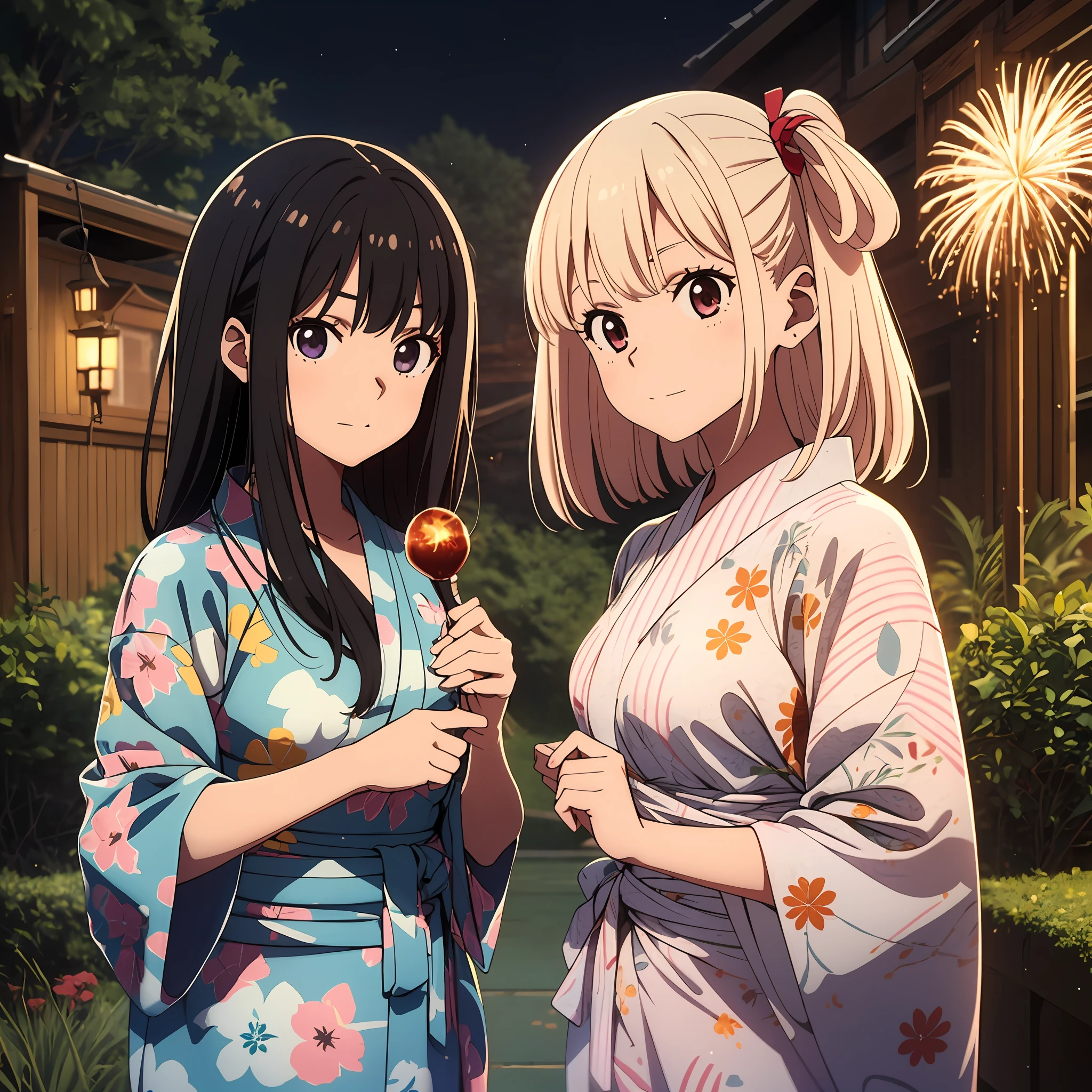 Chisato and Takina, 2girls, masterpiece, best quality, yukata, fire works, highest quality, high resolution.