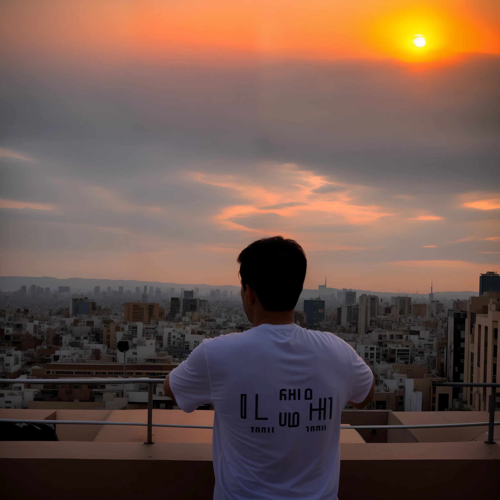 A man stands on a balcony overlooking the Alafid view of the city,during sunrise,looming over a city。with the city as the background,Overlooking the city,overlooking a modern city。on rooftop tokyo night,With sunset,looming over a city,urban in the background。photorealestic,Realiy,HD8K,The details are complex,Need。