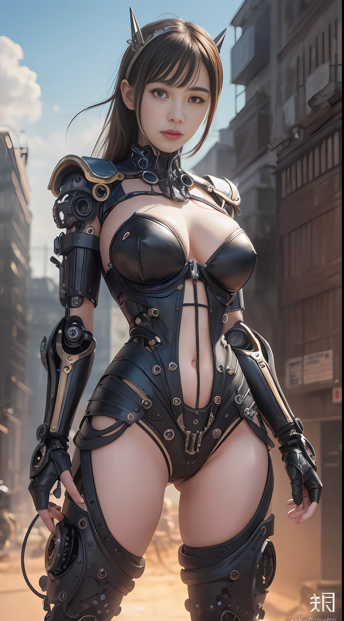 Cute young biomechanical steampunk cyborg woman realistic movie shallow focus scene, Her full-body steampunk details standing in fluid motion in a simple barren location with stunning cloud landscapes and sunsets、Hydraulic cylinder、meter、pipes、LED lamps、gear wheel、
The cleavage is visible、
(wearing futuristic clothing (tangerine:0.3) cropped jacket and low cut jeans on top:1) Her intricate and detailed anatomically sculpted biomechanical graphite steampunk body, (Intricately detailed anatomically sculpted biomechanical graphite steampunk cyborg grady).Futuristic headset、

(Anatomically sculpted biomechanical graphite steampunk cyborg、More on the elegant and glamorous goth loli、cables, Wires and microchips are、Skillfully on her female cyborg body)

Slender hot fit body with a gorgeous young round face, expressive big round eyes, 

Captured with bright natural light and beautiful vibrant colors. Stunning steampunk-style 8K resolution images.

The scene has a strong heroic unconquerable mood, a masterful complete scene of the female full body standing with a happy expression.