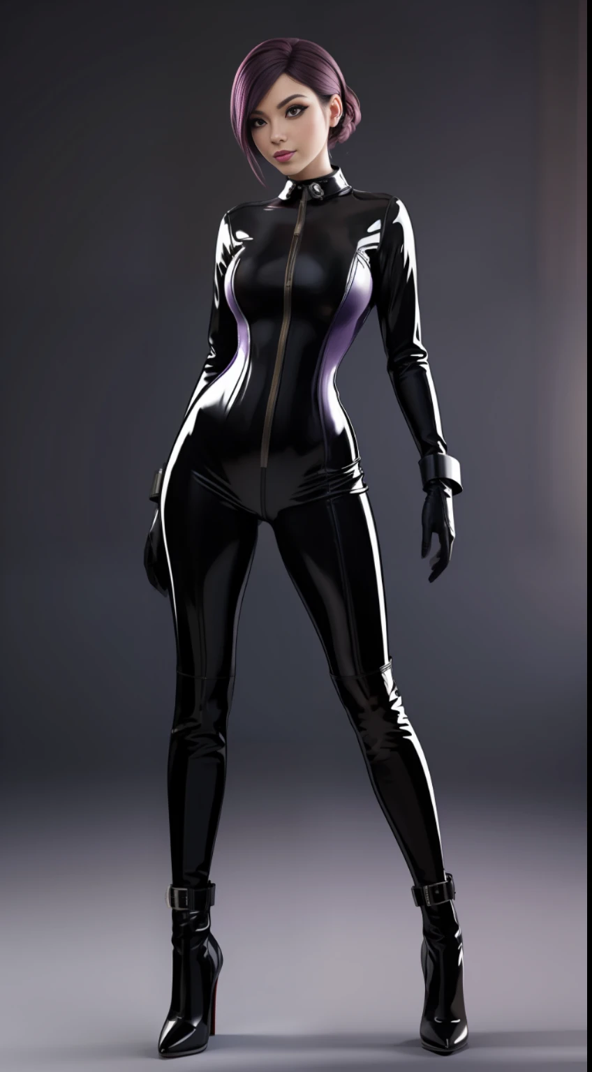 solo, super fine photo, full body photo picture Unreal Engine 5 8K UHD, purple color scheme tight and thick latex catsuit, slim body, rubber catsuit, shiny latex catsuit, latex long glove, latex high heels boots, corset, harness, arm and leg cuffs, latex collar, beautiful make up, best quality, masterpiece, unified 8k wallpaper, super detailed, sharp focus, sexy pose,