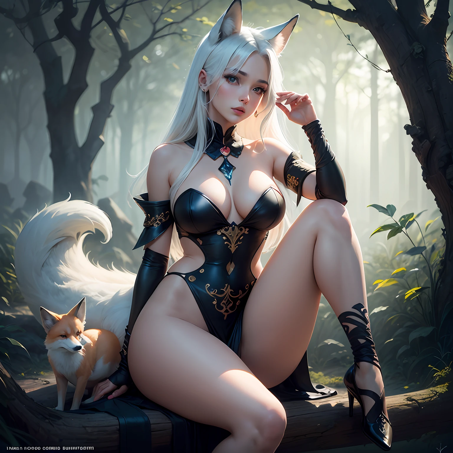 To, masterpiece, beautiful details, colorful, delicate details, delicate lips, complex details, real, ultra-realistic, a girl with white hair fox sitting on a branch: 1.1, big tits, sexy, seductive, ethereal fox, nine-tailed fox, fox three-tailed fox, Onmyoji detailed art, nine tails, beautiful artwork illustration, mythical creatures, foxes, beautiful digital artwork, exquisite digital illustration, mizutsune, inspired by mythical creatures wildnet, pixiv On digital art, bright light, high contrast, horror movie theme, dark atmosphere --auto