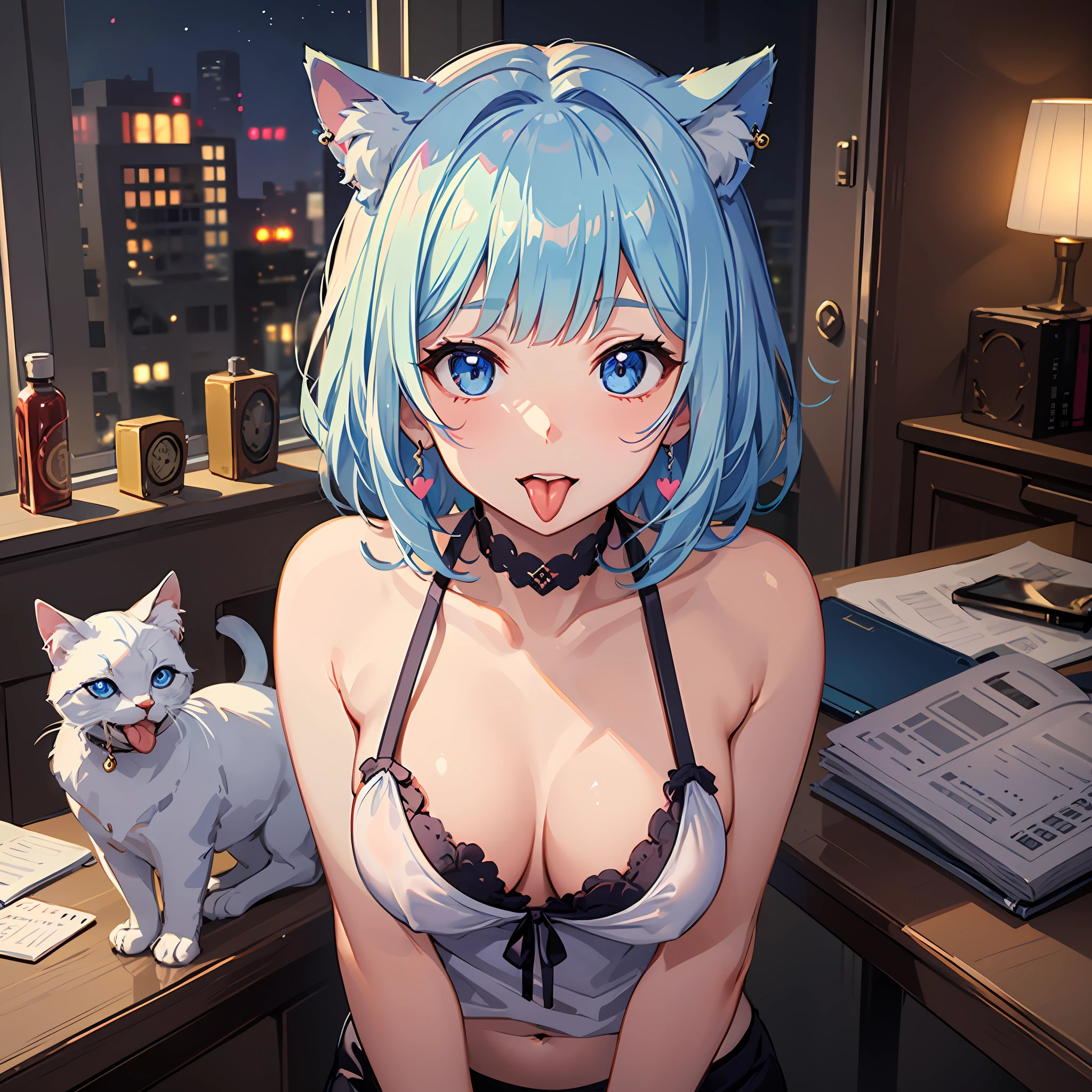 couboy shot,
head tilt, breast squeeze, Body facing forward,
(one cute girl:1.3), solo,
white skin, small Breast, eight-headed person,
light blue hair, (bobbed hair:1.2), short hair, (blunt bangs:1.2), beautiful hair, blue eyes, beautiful detailed eyes,
(tongue out:1.3), heart, cheerful smile,
bikini, pencil skirt, earrings, cat ears,
indoors, (night:1.2), white room,
shadowlighting,