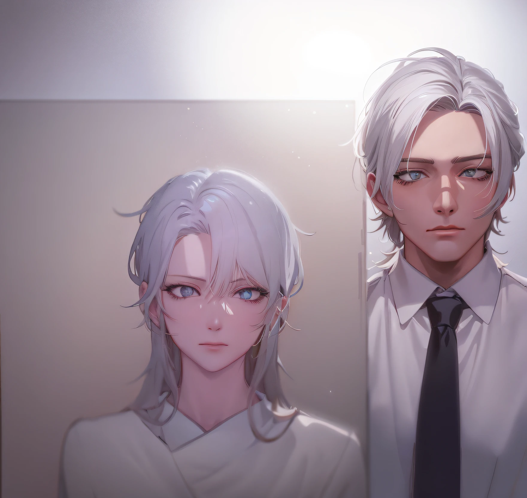 Anime characters with white hair and blue eyes standing side by side, Guviz-style artwork, drawn in anime painter studio, made with anime painter studio, anime realism style, realistic anime artstyle, Anime style portrait, Digital anime illustration, Realistic anime art style, Detailed digital anime art, semirealistic anime style, Smooth anime CG art, Kawaii realistic portrait