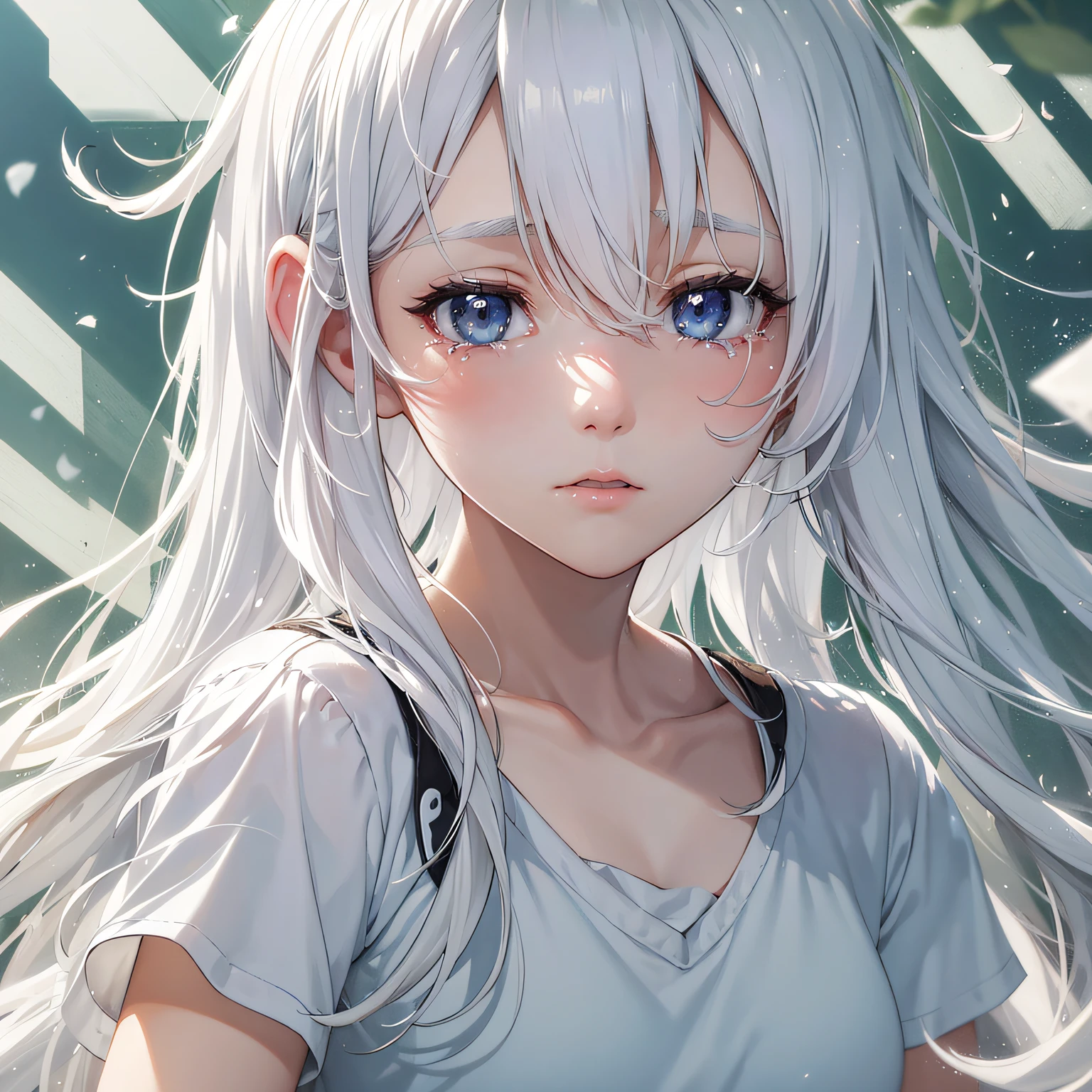 one-girl，White skin，No-sleeves tank top，long whitr hair，The halo，By bangs，hair between eye，White hair，The upper part of the body，Meow gesture，white backgrounid，Happy smile，small boobs，Easy sketch images --auto