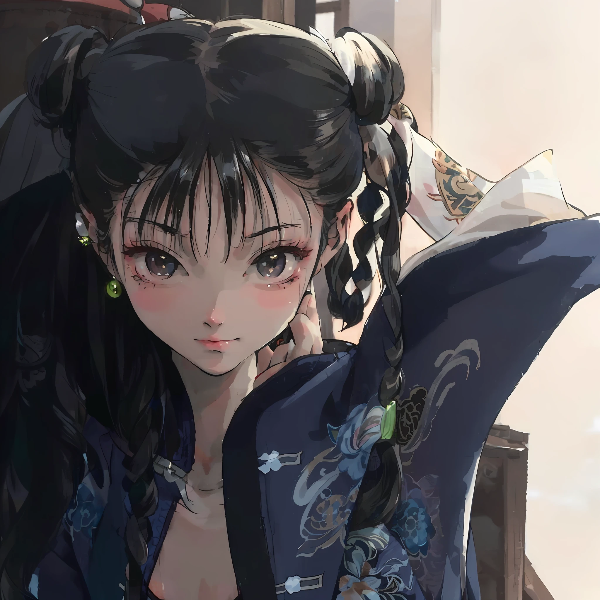 Anime girl with black hair and blue kimono, Guviz, nezuko-chan, portrait of chun - li, nezuko, Palace ， A girl in Hanfu, portrait of chun li, with black pigtails, by Yang J, anime woman, Guviz-style artwork, author：Julian, Beautiful anime woman, female anime character