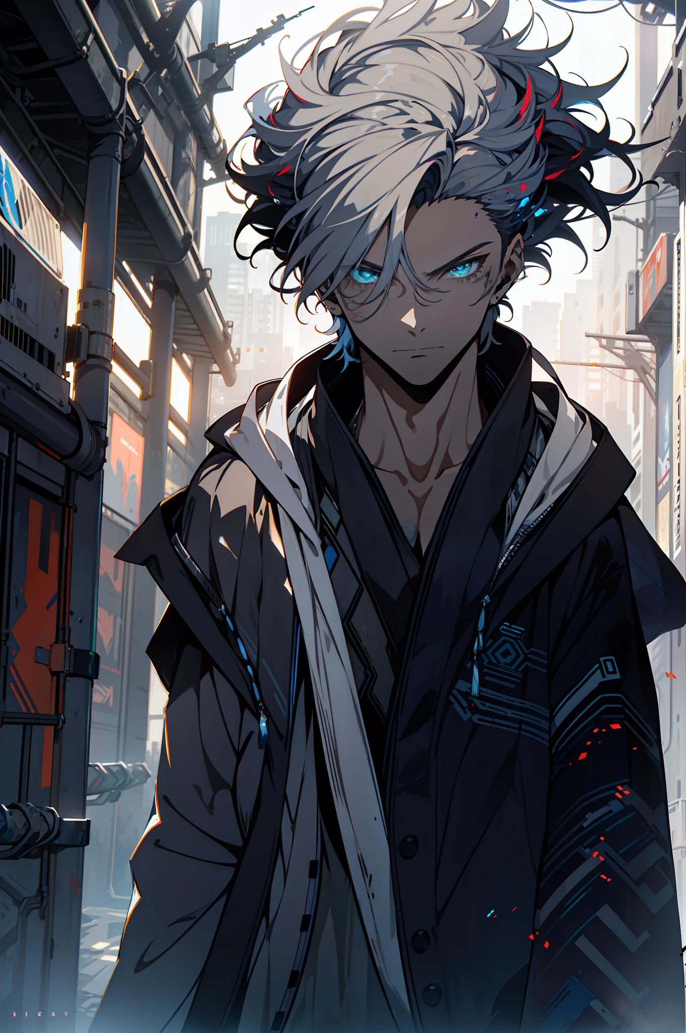 Cyberpunk teenager，fansty world，background inside dark，Clean design，Epic Instagram，art  stations，Colorful paint splashes，contours，Hyper-detailed intricate details，unreal-engine，fanciful，Complicated details，splash image，complementary colours，fantasy concept art，8K分辨率，A masterpiece of deviantart，oil painted，Heavy strokes，paint drips，（Isolate on a white background：1.3），Rainbow skins，(((Handsome young man))), ((Nakedness:1.5)), (glow blue eyes), ((Eyes have light))，((((Short gray hair:1.1))), ((blackdress)), (prinz\\(Indifferent expression\\),, (((Wearing a luxurious black robe with high details))), A head of white hair，