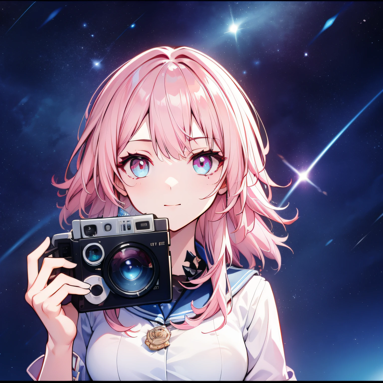 1 girl, solo, splash art, pink and blue eye, light pink hair, holding polaroid camera, night, space, starry space, march 7, soft light, wide shot, in a train, light streaks, lens flare