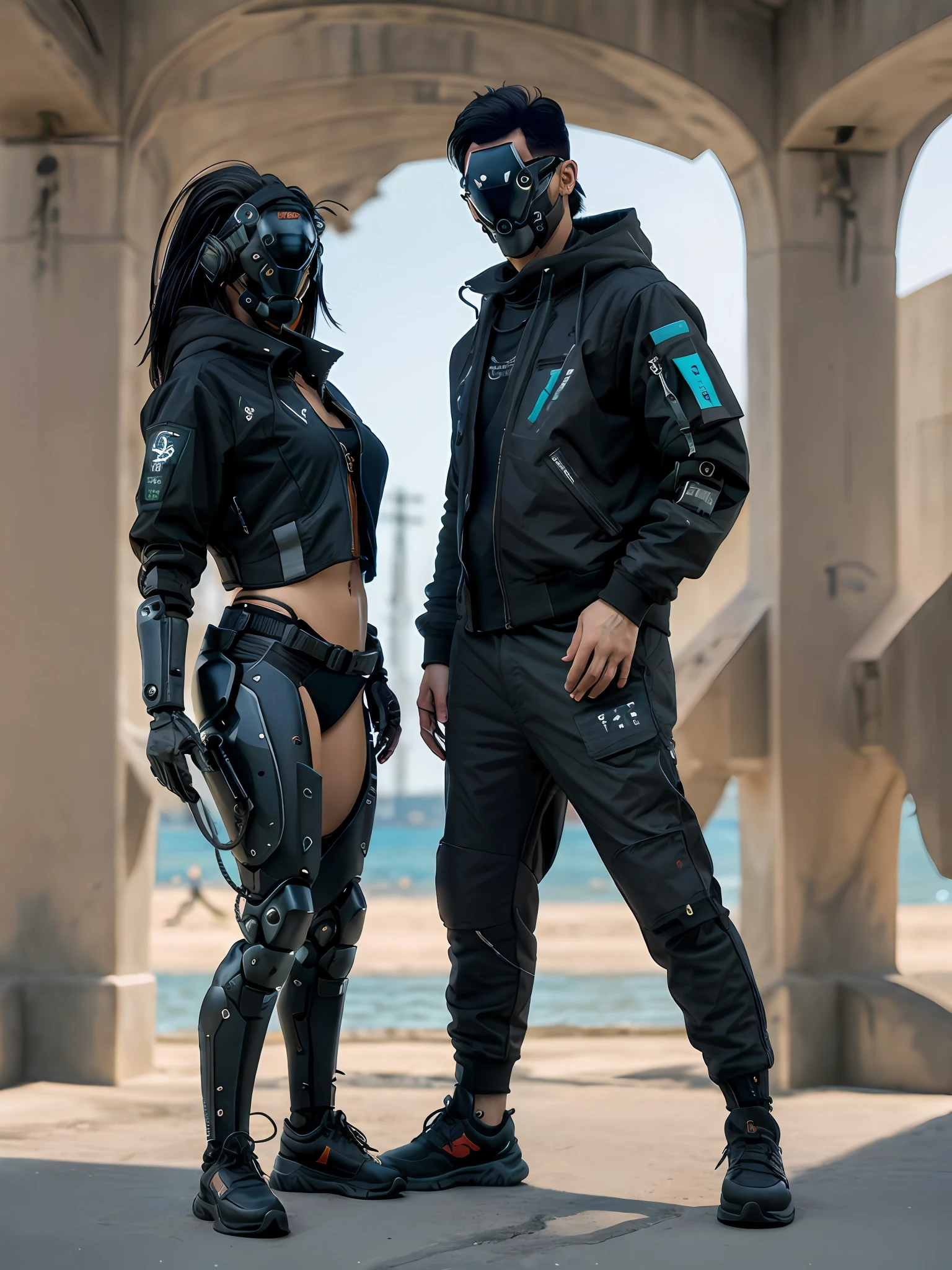 Un primer plano de una mujer y un hombre con chaquetas cyberpunk, cyber implants, pistolas y un estilo Techwear Occultist. Both carry ThreeA toys and special operations heads with masks. They are dressed for combat, con chalecos antibalas negros, uniformes blindados negros y armaduras furtivas. But this time, are enjoying a day at the beach with their friends Rope Players. Both wear black swimsuits and futuristic sunglasses. La palabra clave adicional opcional es relajado.