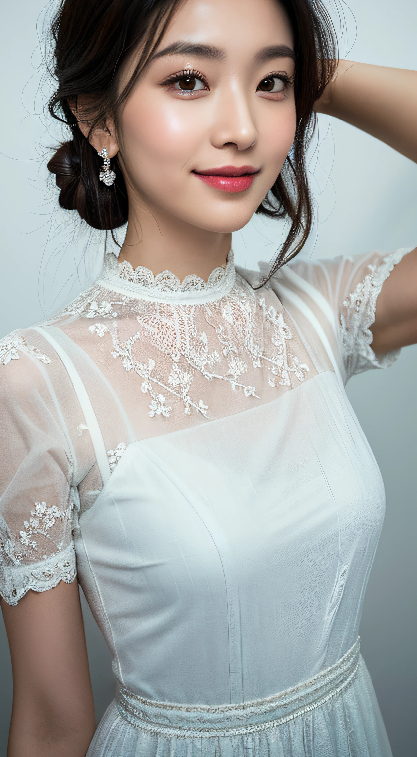 (Best quality, 8K, masterpiece:1.3)) , (one person: 1.4), 1girl, a Korean woman, a goddess, 25 years old, portrait photography, high contrast, God perspective, aperture F1.2, focal length 24mm, ( Full body: 1.2), smile, pose for photos, fine lace, slip dress, simple cut dress, brand dress, simple cut, long black hair, hair tied up, super detailed skin details, detailed fabric texture