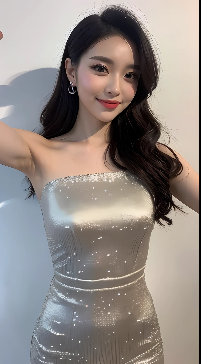 (Best quality, 8K, masterpiece:1.3)) , (one person: 1.4), 1girl, a Korean woman, a goddess, 25 years old, portrait photography, high contrast, God perspective, aperture F1.2, focal length 24mm, ( Full body: 1.2), smile, pose for photos, fine lace, slip dress, simple cut dress, brand dress, simple cut, long black hair, hair tied up, super detailed skin details, detailed fabric texture