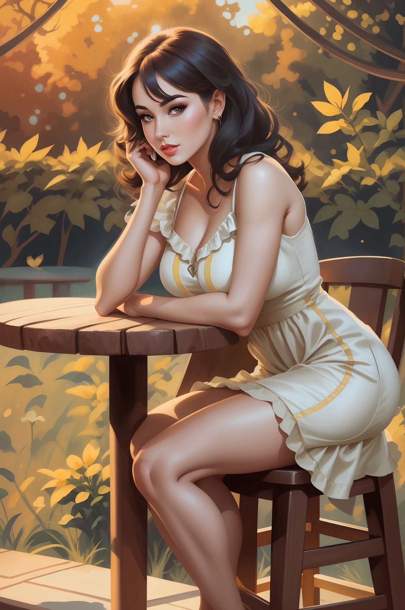 there is a woman sitting on a stool in a dress, digital art of an elegant, pinup art, fully clothed. painting of sexy, style ivan talavera and artgerm, stunning digital illustration, artgasm, beautiful digital illustration, style artgerm, pinup, artgerm and warren louw, martin ansin artwork portrait, comic pinup style