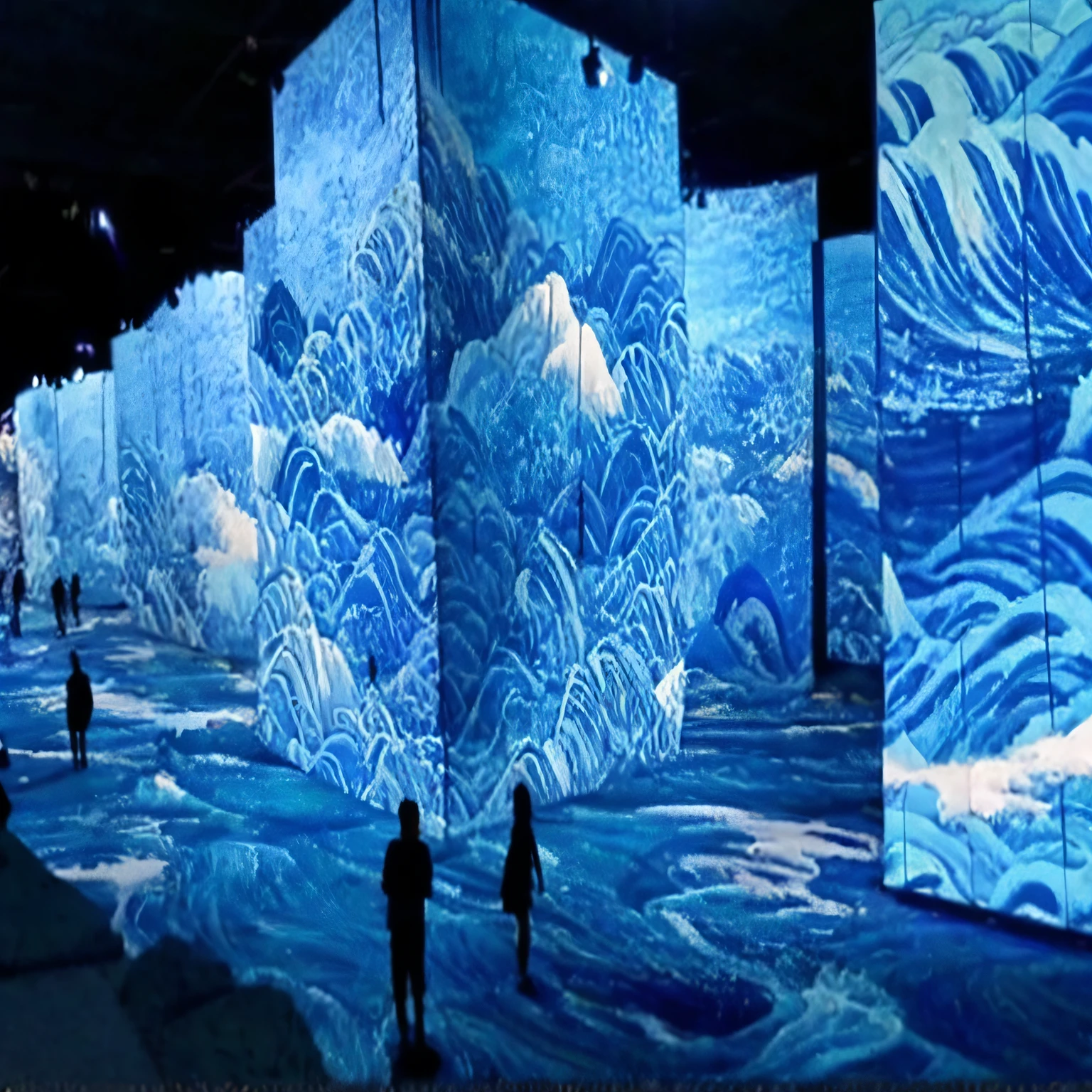 People stand in front of big screens,There is a painting on it, interactive art, 3 d virtual landscape painting, teamlab, projection mapping, projection design installation, walls of large moving images, inspired by Li Keran, environmentart, 3 6 0投影, inspired by Katsuchika Hokusai, amazing water art, colorful detailed projections --auto