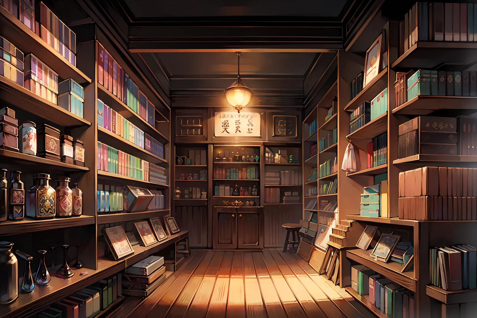 Japanese department stores，Frontal scene，Magic Shop，interior scenes，Glowing goods，Magic potion，magic book