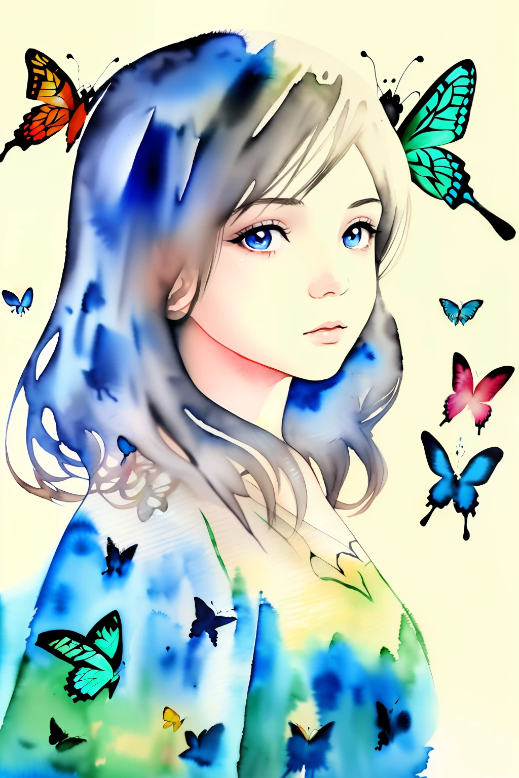 (double exposure)、1little girl、10years old、hair adornments、White background、(独奏)、(ink and watercolor painting)、Reddish butterflies、dripped out、((butterflys))、masterpiece、top-quality