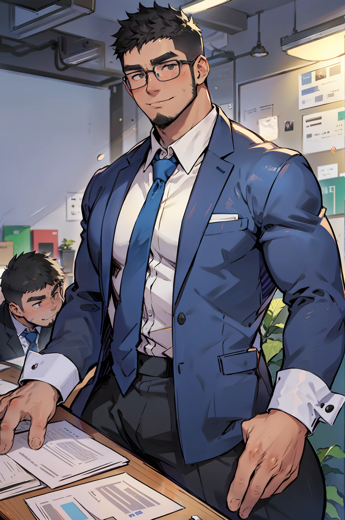 4k, masterpiece, high resolution:1.2, 1 man, 42 year old, solo, bara, muscular!!!, really tall, big physique (beast), crew cut hair, facial hair, black hair, cute smile, friendly, working in an office, sitting and working on a desktop comupter, wearing formal trousers, wearing plain formal office shirt, wearing blue tie, tidy outfits, wearing glasses, upstairs office in the background, ultra detailed, flat style