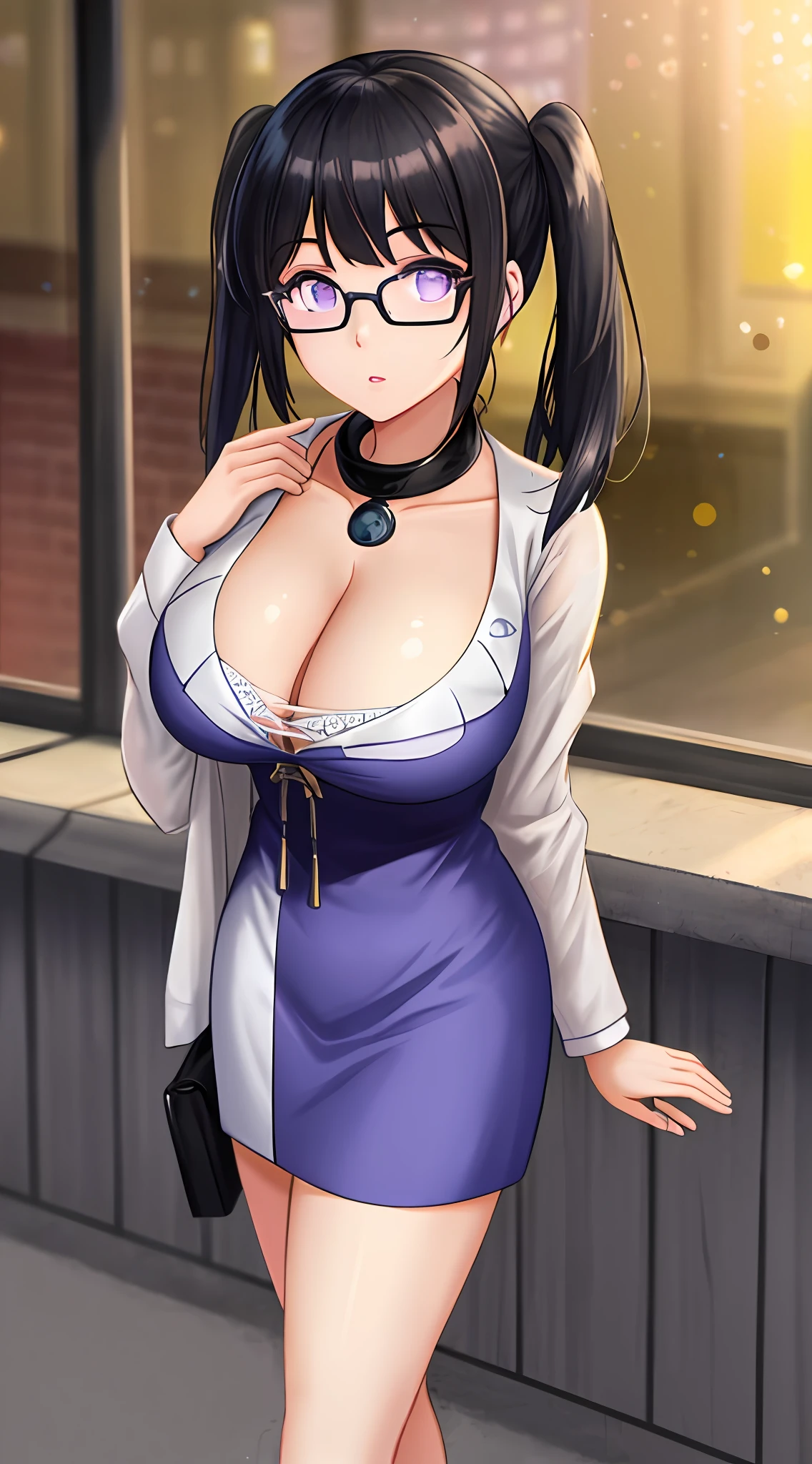 natta：1.7）， jpn， toyko， CityView， In front of the window， Stand under the gaze， （White_komono：1.3），cleavage， black_Hair，Long_Hair，Hair_Pulled_back，parted_Lips，purple_Eyes，pigtails， 1个Giant Breast Girl，24 years of age，a mature female，Beautiful Finger，Beautiful long legs，beaturiful body，Beautiful nose，Beautiful character design，perfect  eyes，s the perfect face， looking at viewert，in the center of Image， NSFW，offcial art，Extremely detailed CG Unity 8K wallpaper，Perfect lighting，Extremely colorful，Bright_Front_face_lighting， （tmasterpiece：1.0），（Best_quality：1.0）， 超A high resolution，4K，Hyper-detailing， photography of， 8K， hdr， A high resolution， hoang lap：1.2， Kodak Portra 400， filmgrain， The background is blurred out， Bokeh：1.2， Lens glare， （vibrant_Color：1.2） （big breasts beautiful，Large_Breasts：1.4）， （Beautiful_face：1.5），（Narrow_waistup），