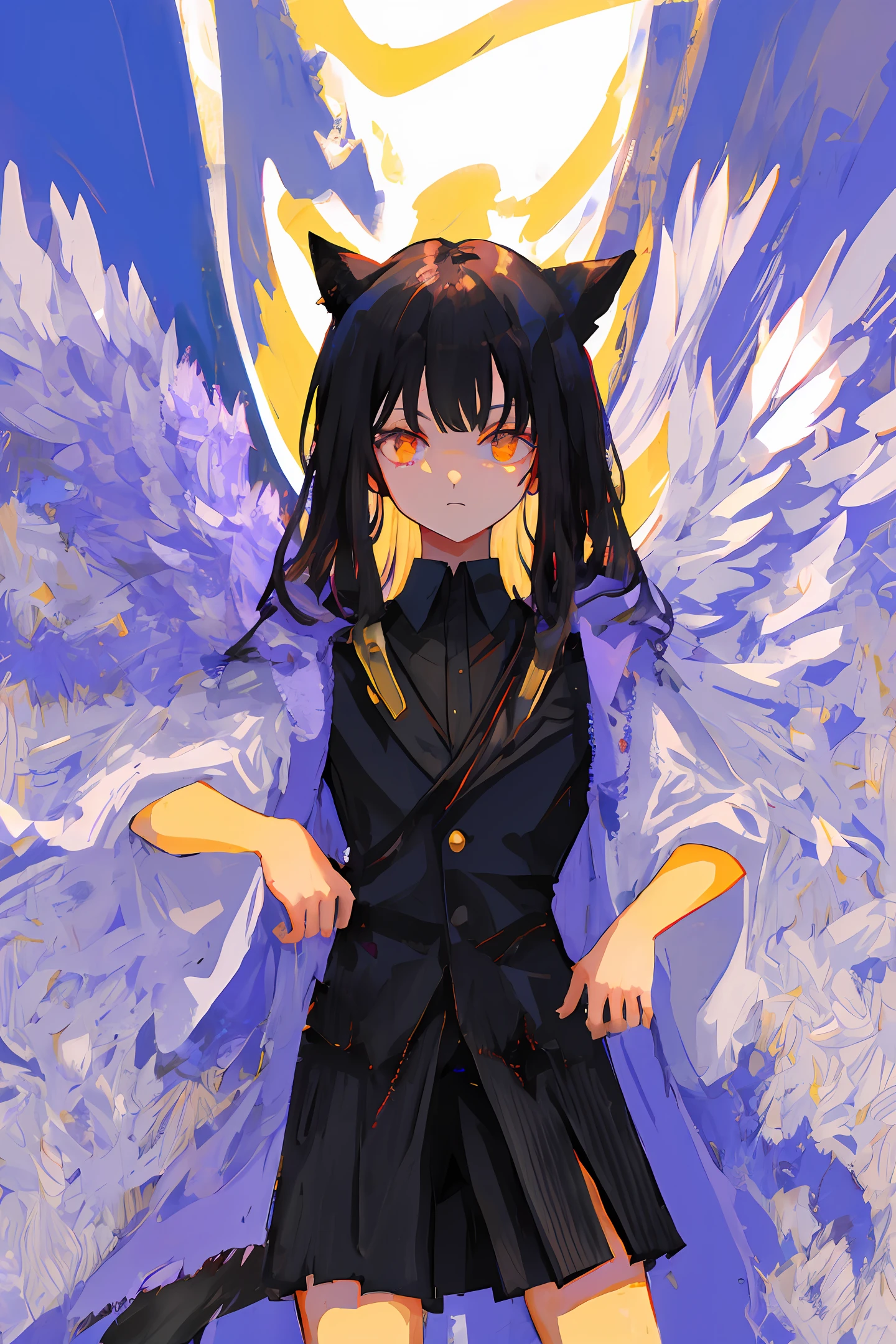 flat bangs,There are animal ears,Golden eyes,black color hair,Has white wings,Royal sister,Holding a purple knife,wearing black suits