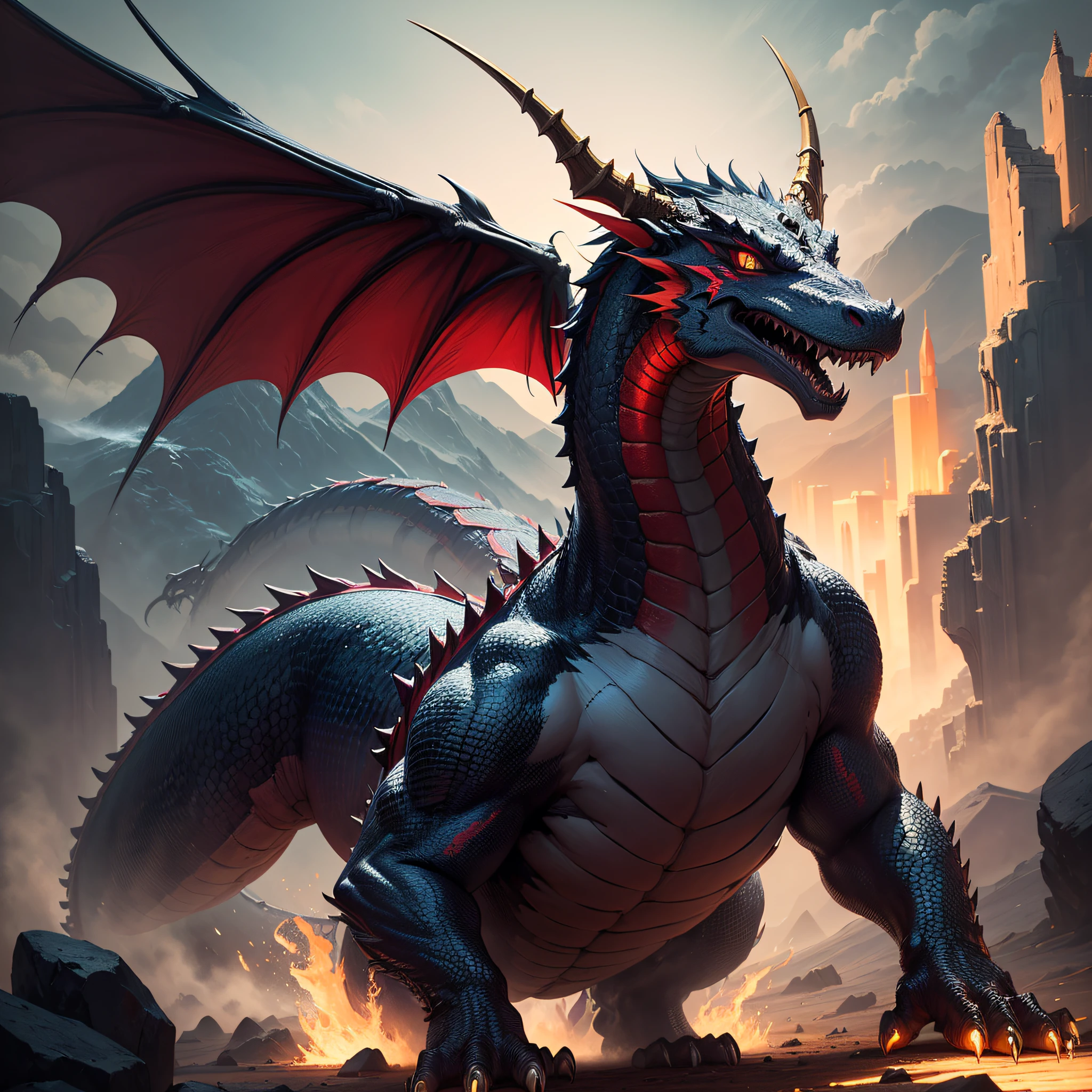 (drak:1.2)(Red 1.1+Gold 1.2)The eye(black in color:1.2+red colour:1.1),Stunning and magnificent,Mysterious and majestic,The majesty of the dragon、The curve is extraordinary,The landscape is colorful,The scales of the body sparkle,Soar into the sky,Sharp teeth,Shocking。 --auto