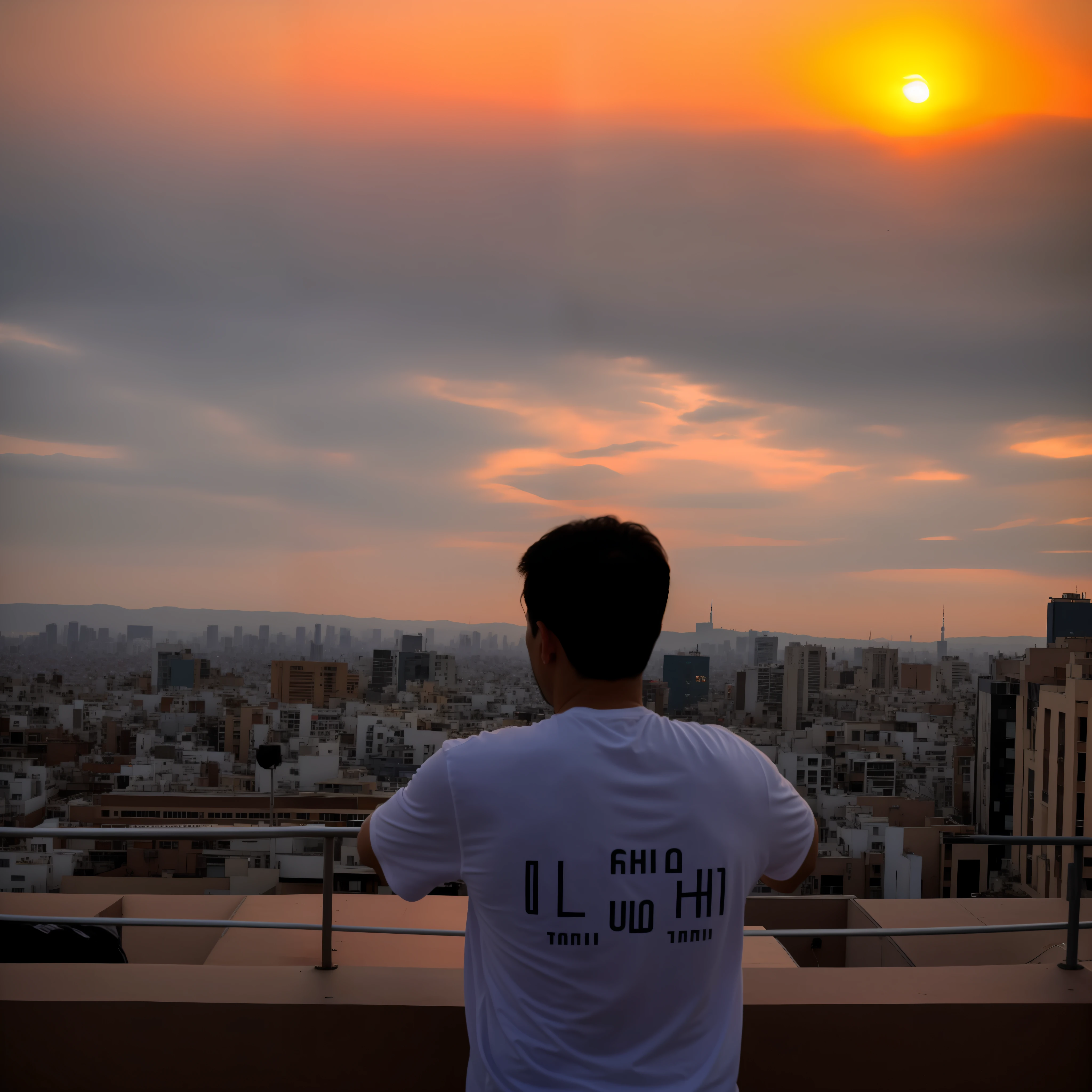 A man stands on a balcony overlooking the Alafid view of the city,during sunrise,looming over a city。with the city as the background,Overlooking the city,overlooking a modern city。on rooftop tokyo night,With sunset,looming over a city,urban in the background。photorealestic,Realiy,HD8K,The details are complex,Need。