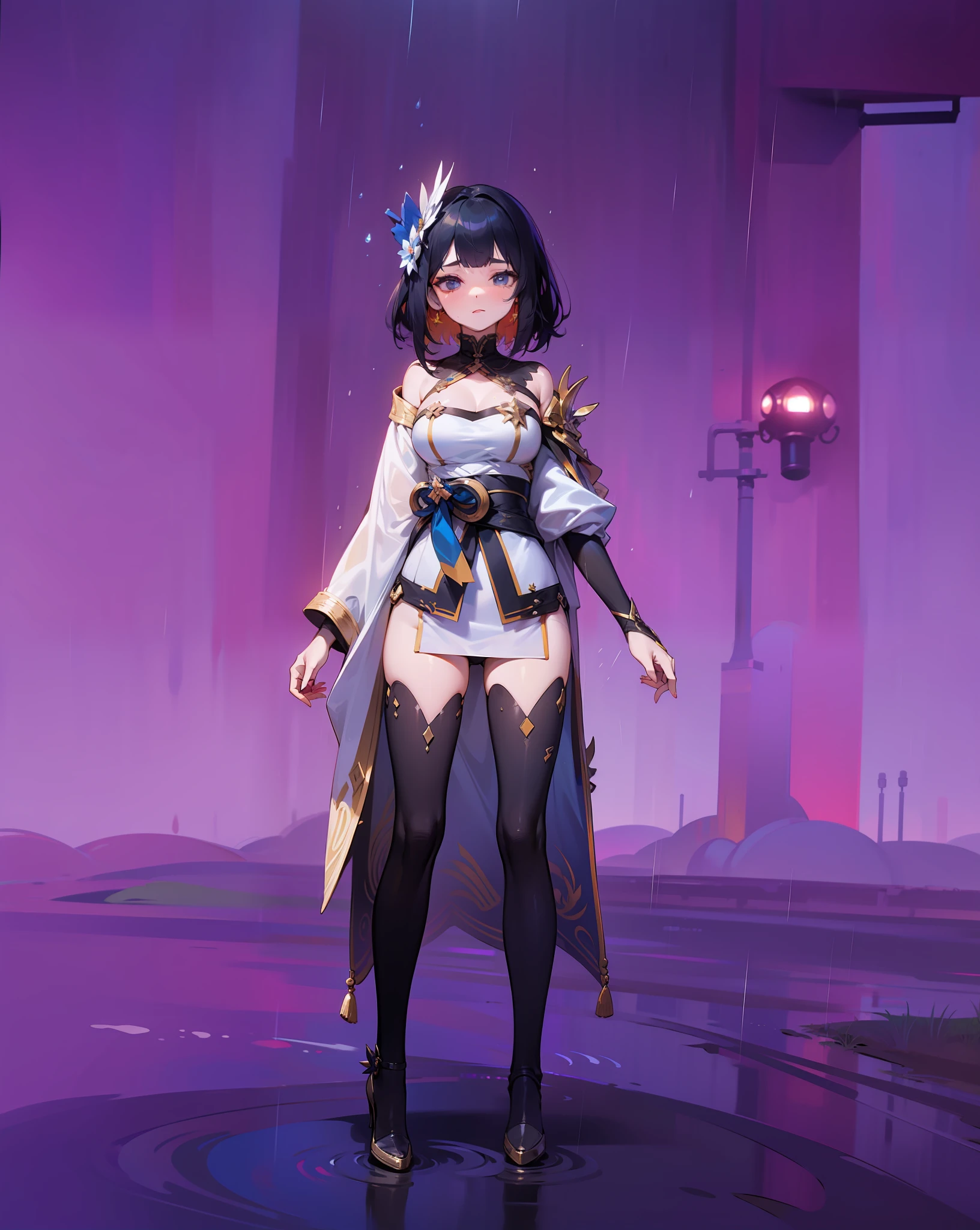 ((Best Quality, 8K, Masterpiece:1.3)), Focus: 1.2, Perfect Body Beauty: 1.4, Buttocks: 1.2, ((Layered Haircut, Breasts: 1.2)), (Wet Clothes: 1.1) , (Rain, Street:1.3), Bandeau Dress: 1.1, Highly Detailed Face and Skin Texture, Delicate Eyes, Double Eyelids, Whitened Skin, Long Hair