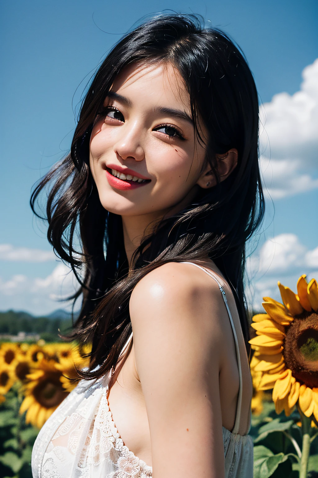(in 8K、 Raw photography、top-quality,、hight resolution),、(hyper realisitic)、(realisitic),、Soft light、、girl with、Lifelike face、Realistic body、real looking skin、absurderes、masterpiece、Cuties、独奏、Innocent eyes、blusher、Cinema Lights、cherry colored lips、The hair 、a closeup、looking at viewert、 Open lips,、Upper teeth,、(Smiling eyes:0.6)、eyes focus、professionally lit、CG Social Trends、Plastic En、((Black Long Hair))、((Beautuful Women))、(A smile)、Fashionable、((A sexy))、Hair that flutters in the wind、((Flowing hair))、Happy -、fashion magazine、((lighting like a movie))、((Sun flower))、sunflowers fields、A dreamy world、goddes、