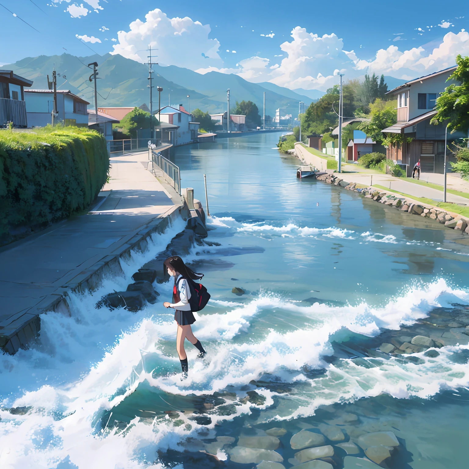 A girl walks home from school，The weather was nice，with blue sky and white clouds，There is a river by the side of the road，Fish turn over the waves，k hd，Real Human，Dynamic，JK school uniform --auto