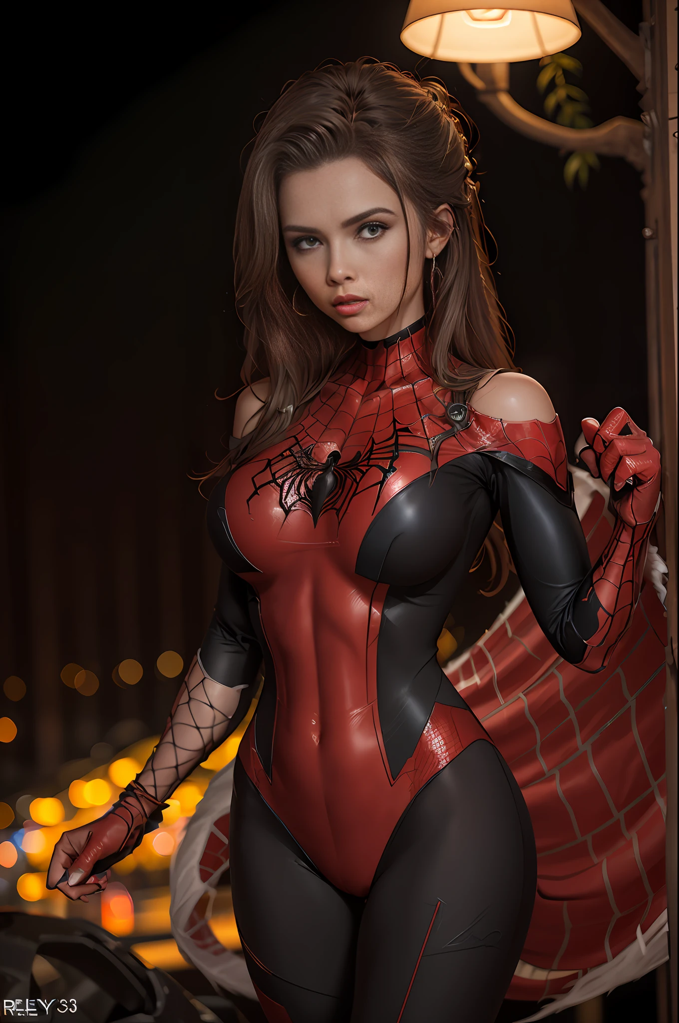 a photo of an attractive S033_RileyGuava, as (Spidergirl:1.1), (nighttime:1.3), (8k, RAW photo, best quality, ultra high res, photorealistic, masterpiece, ultra-detailed, Unreal Engine), perfect hands:1.2, perfect anatomy:1.1, bodysuit, body armour