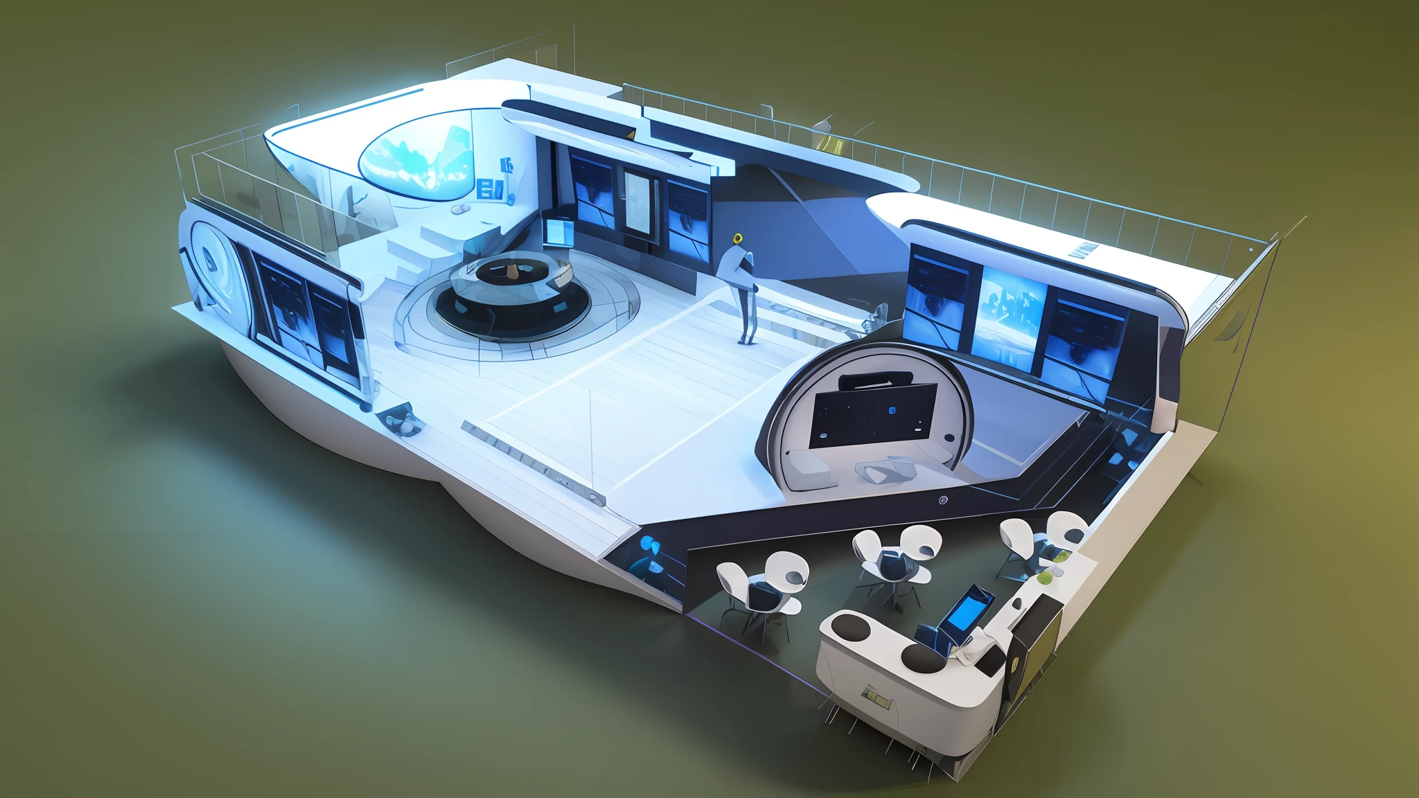 Booth renderings with large display, Simplified,distinct,Clear,Photogenic,Realistic,virtual set, exhibition hall lighting, expert design, large commercial led screens, A digital rendering, large led screens,Complex spaces,The white,Huge space for Ymax rendering,, A digital rendering, Future technology showcase, extreme render, 3ds Max, 3 ds max, finalrender,Detailed reflective painting by senior environmental artist,Inspired by 3D renderings by Syd Mead, number art, A futuristic, sci-fy, scifi room, Futuristic Indoor, Sci-fi Engine Booth, Futuristic setting, Octane rendering sci-fi, Cyberpunk showroom, surreal sci fi set design,shutter,afofuturism,Futuristic showroom