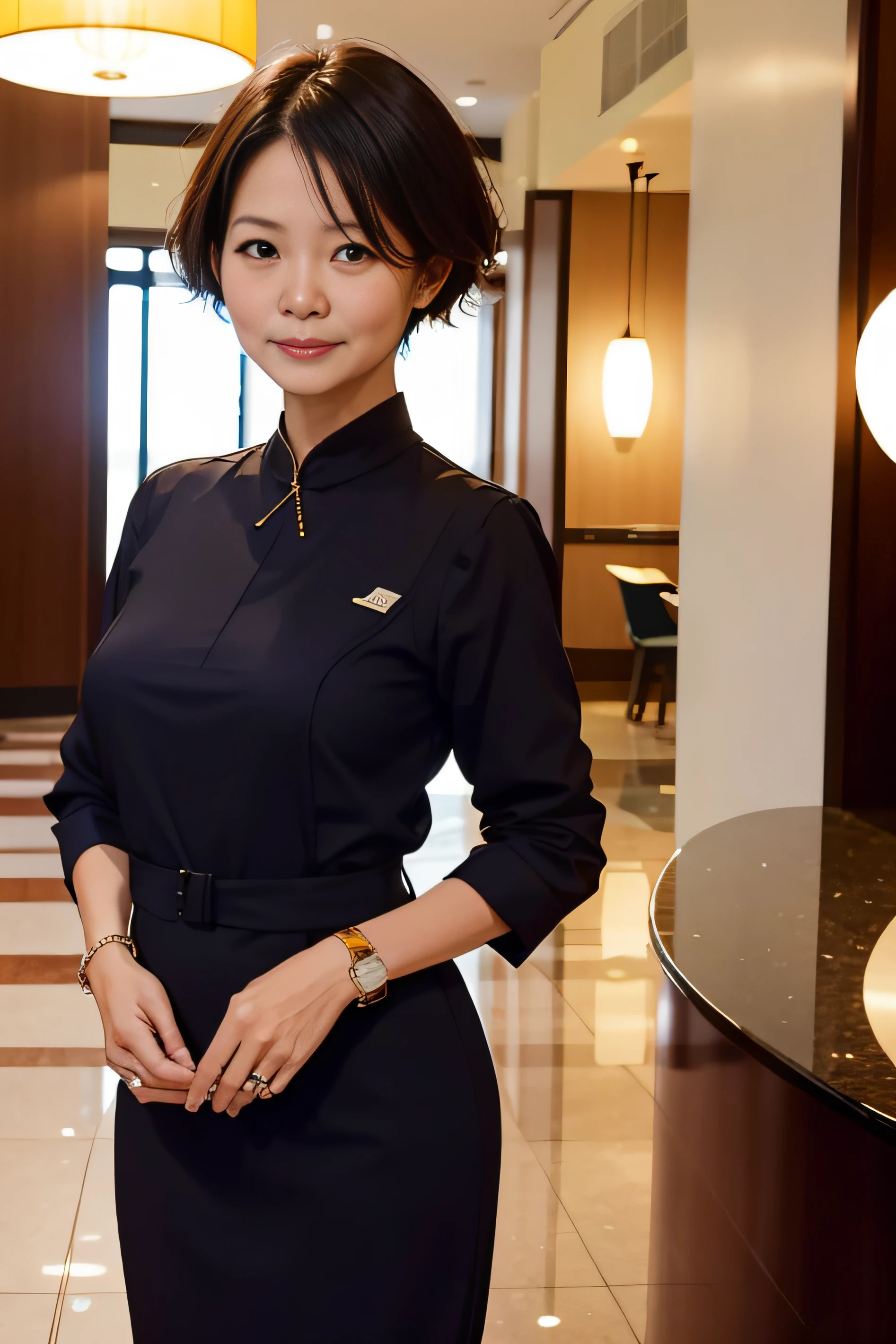 beautiful women ,55 years old, short hair style , Malaysian ,Singaporean, work at hotel reception